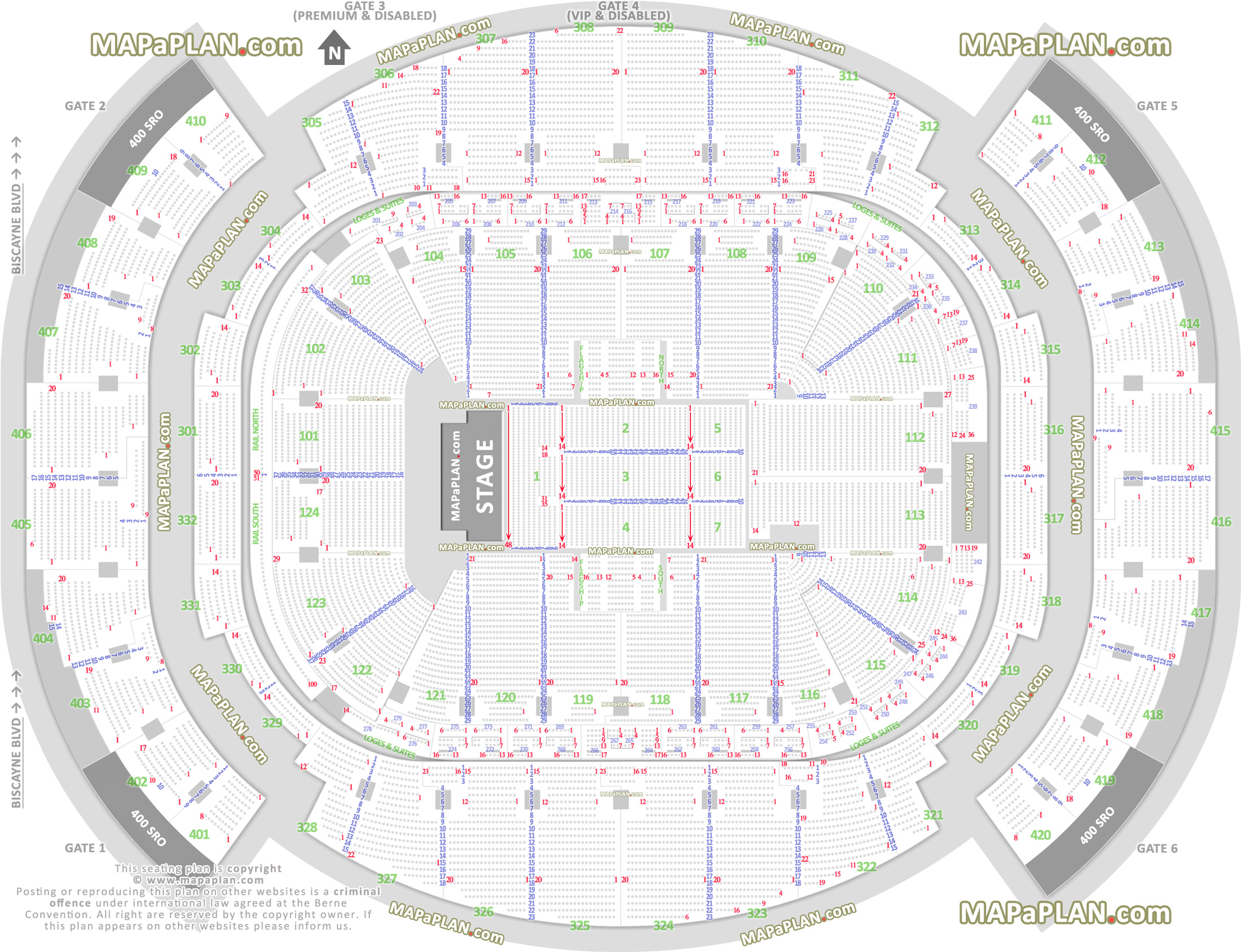 detailed seat row numbers end stage full concert sections floor plan arena lower upper level layout Miami Kaseya Center Arena seating chart