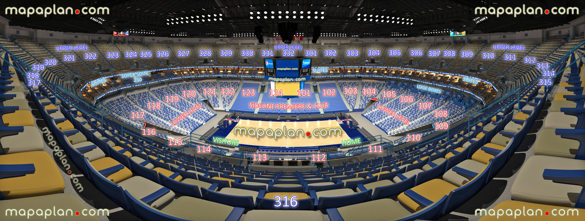 view section 316 row 14 seat 8 pelicans hornets basketball arrangement virtual interactive viewer view photo review interior guide club seats lower upper level hub international hub club super suite loge balcony boxes New Orleans Smoothie King Center arena seating chart