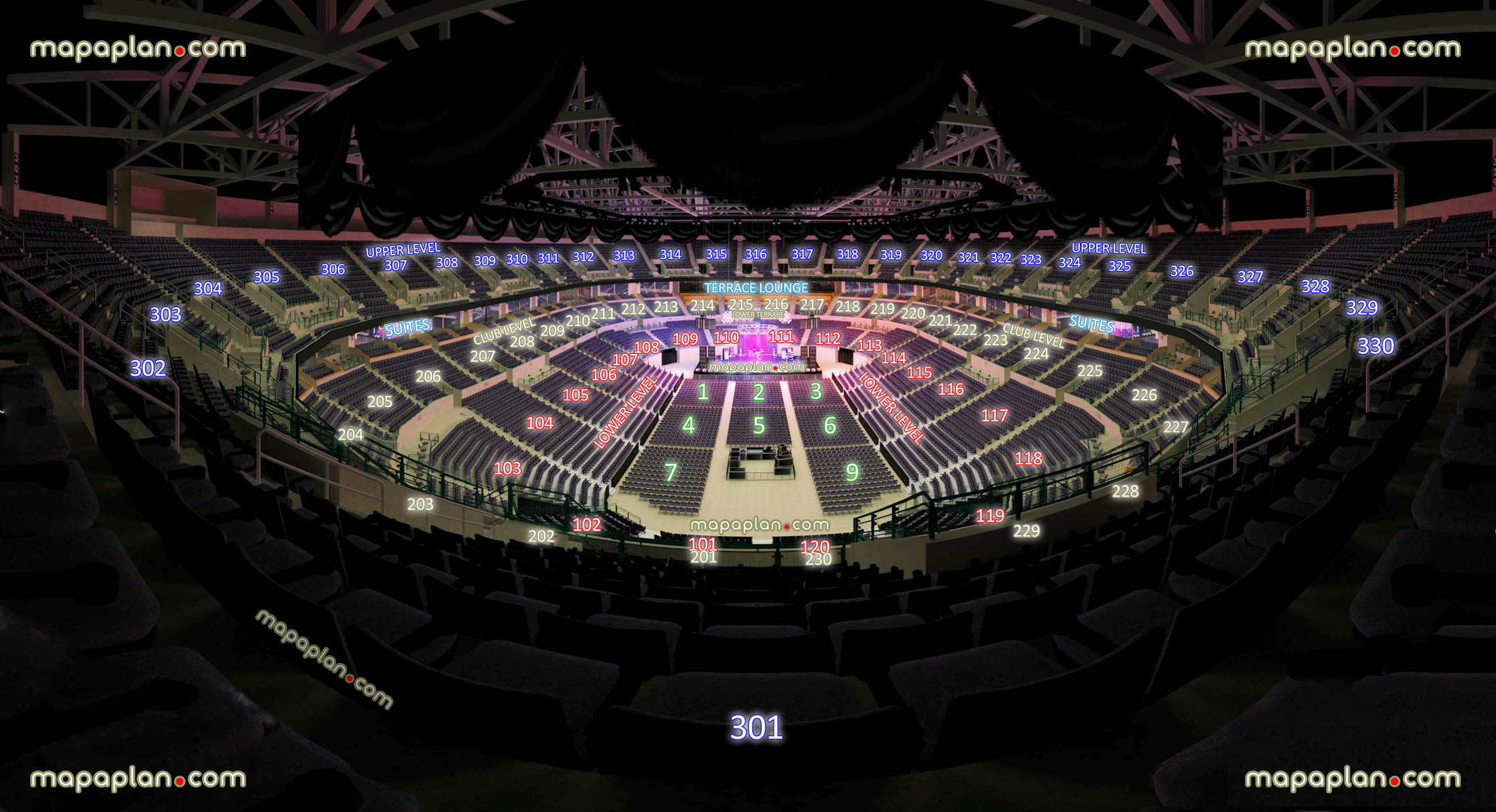 view section 301 row m seat 8 virtual venue 3d interactive inside stage review tour concert picture center floor lower club upper loud city level suites terrace lounge Oklahoma City Paycom Center Arena seating chart