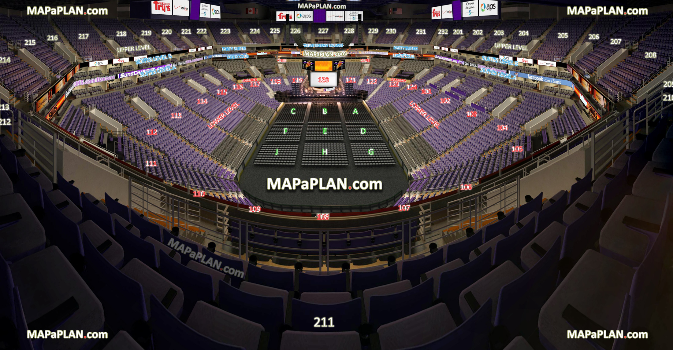 view section 211 row 10 seat 8 virtual venue 3d interactive interior tour inside concert stage picture general admission ga lower upper level suites Phoenix Footprint Center Arena seating chart