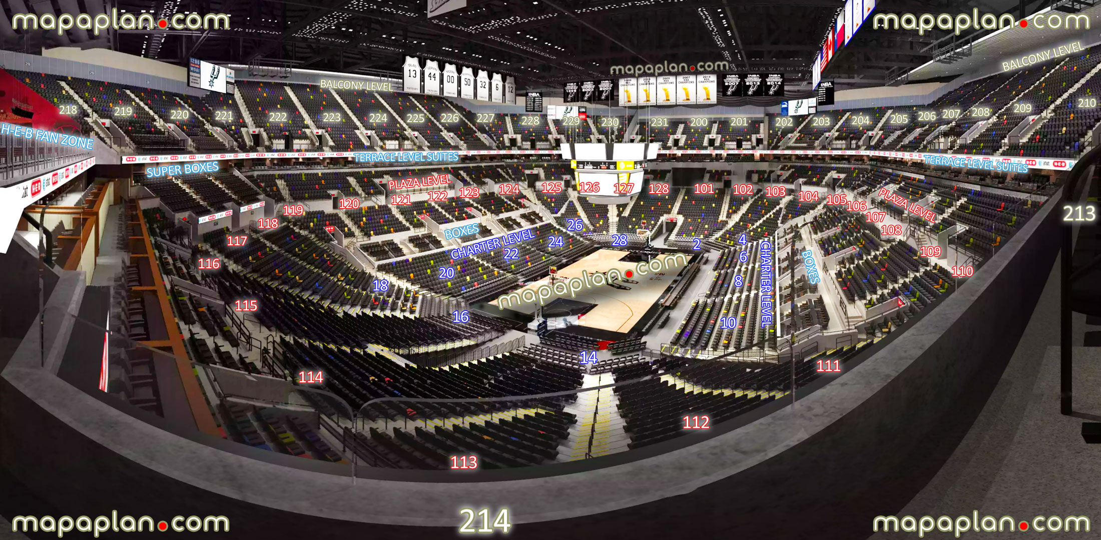 view section 214 row 1 seat 2 san antonio spurs nba tx stars wnba ncaa basketball tournament game panorama charter 100 plaza terrace 200 balcony level heb fan zone courtside club level vip boxes premium suites San Antonio Frost Bank Center seating chart