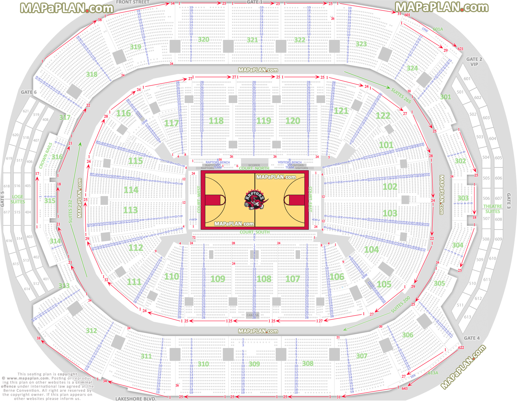 NBA Toronto Raptors basketball game seat row numbers plan Executive Loge Theatre Suites Toronto Scotiabank Arena seating chart