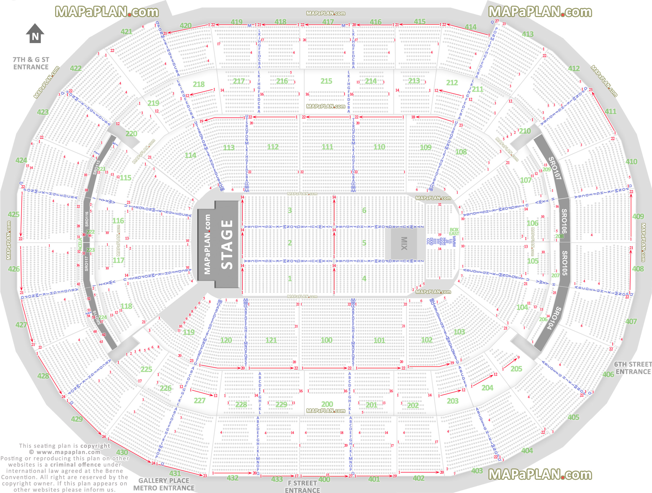 detailed seat row numbers end stage full concert sections floor plan arena main concourse club upper level layout Washington DC Capital One Arena Center seating chart