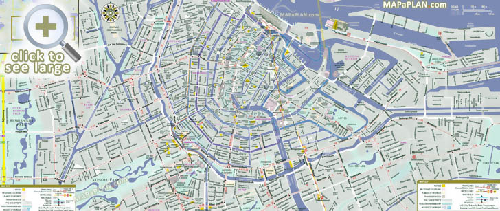 City centre detailed street travel plan must see places to visit tram metro lines Amsterdam top tourist attractions map