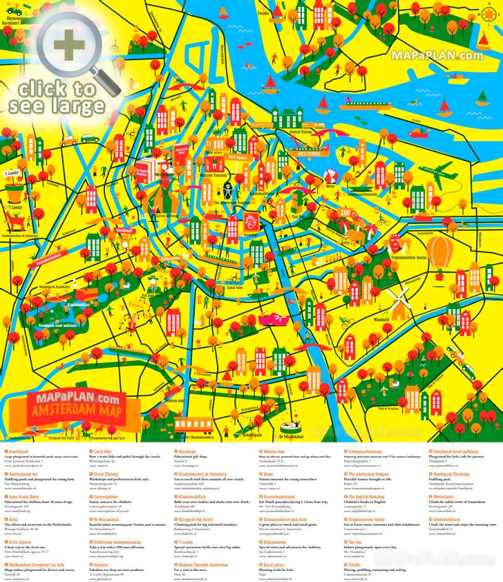 Fun tourism things to do with family kids poster Amsterdam top tourist attractions map