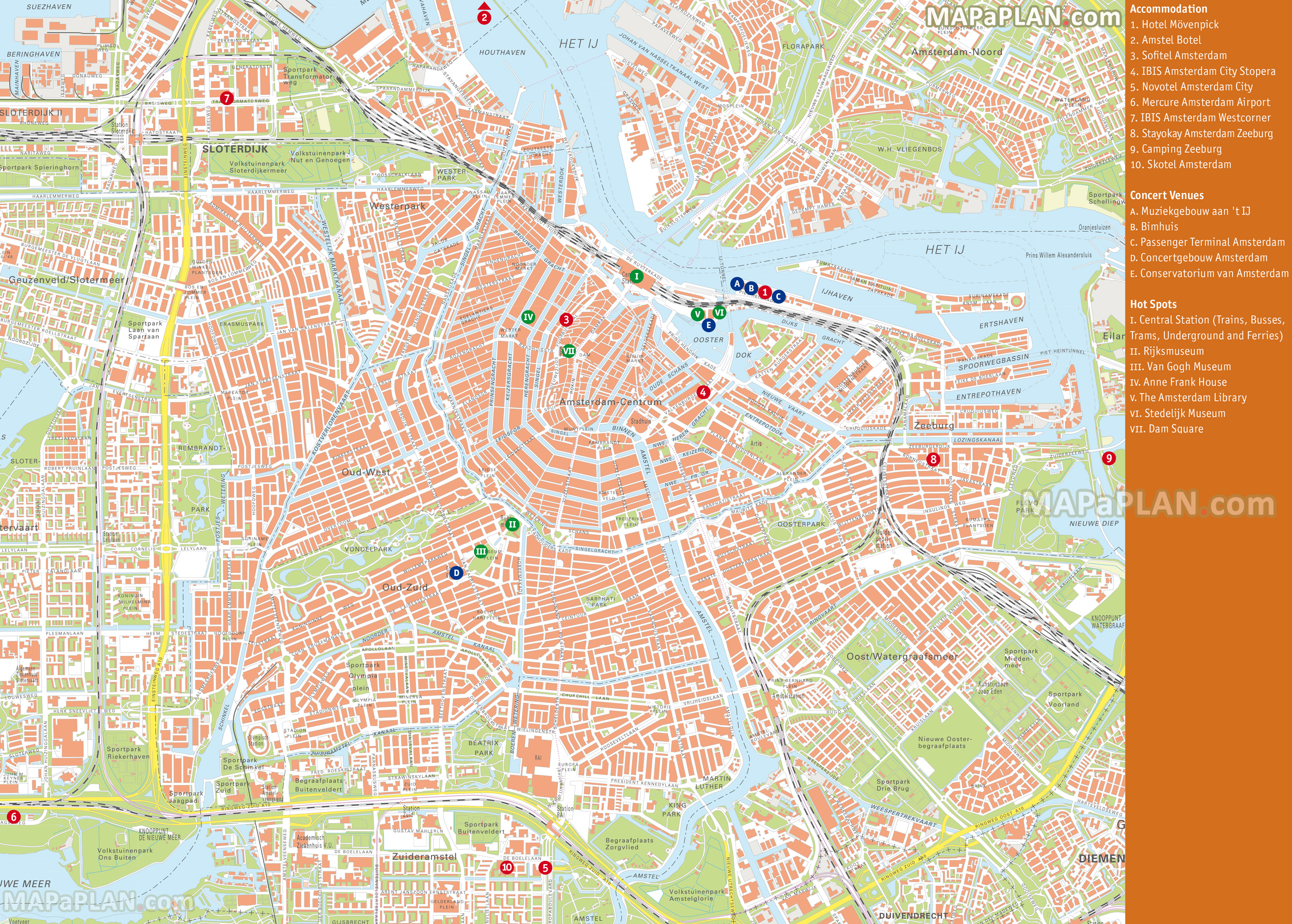 Accommodation main concert venues must do hot spots geographical map Amsterdam top tourist attractions map