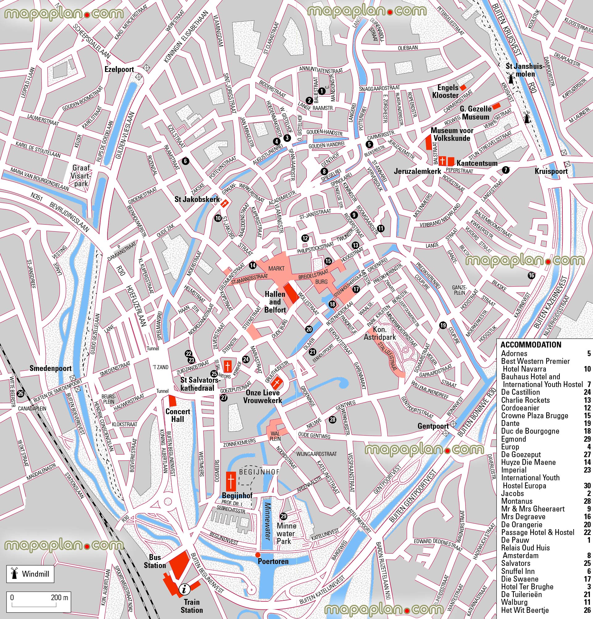 Bruges map - Central Bruges (Brugge) hotels and accommodation map with