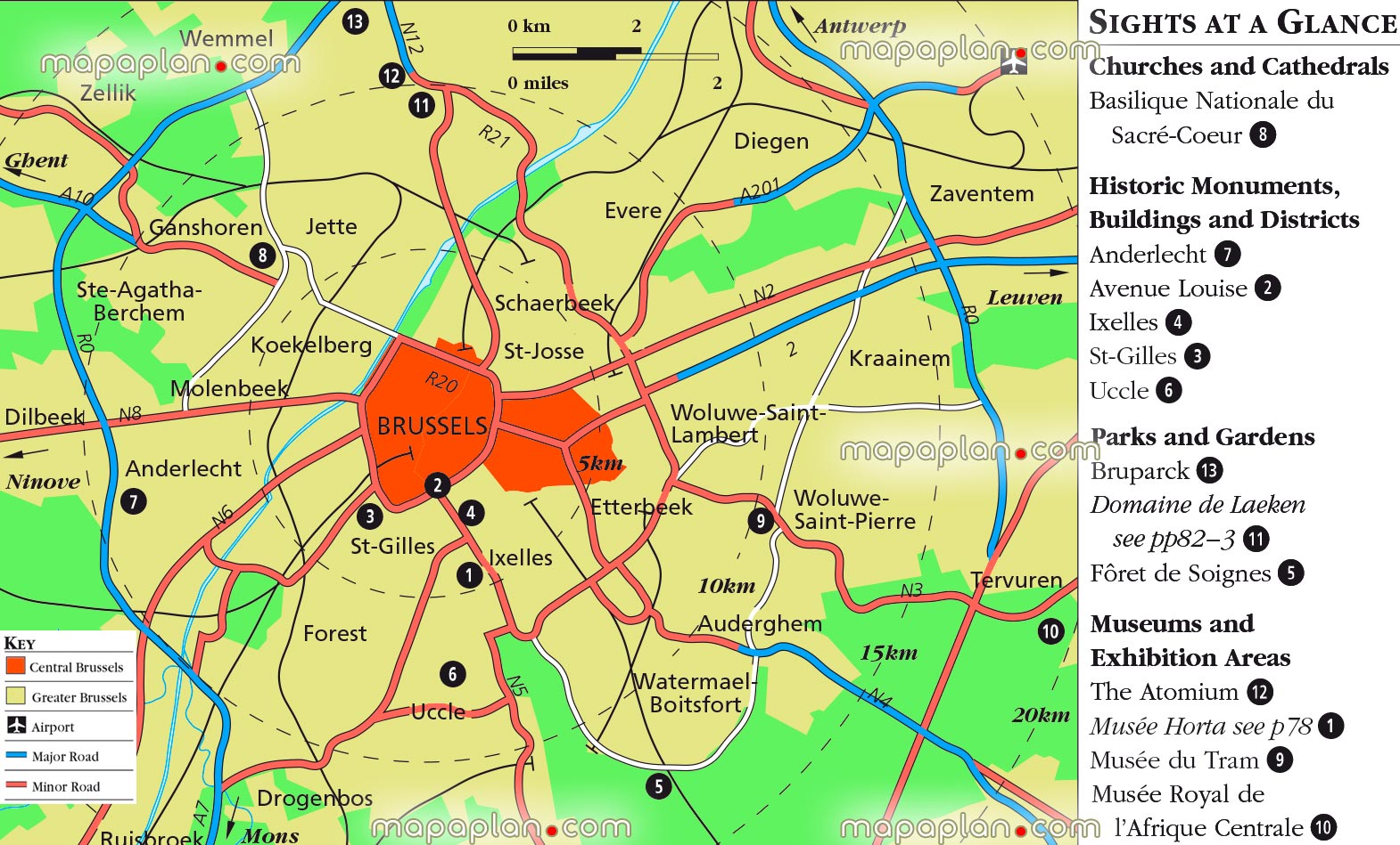 greater Brussels metropolitan area free download printable detailed guide nearby attractions road airport atomium cities main neighbourhoodss Brussels Top tourist attractions map