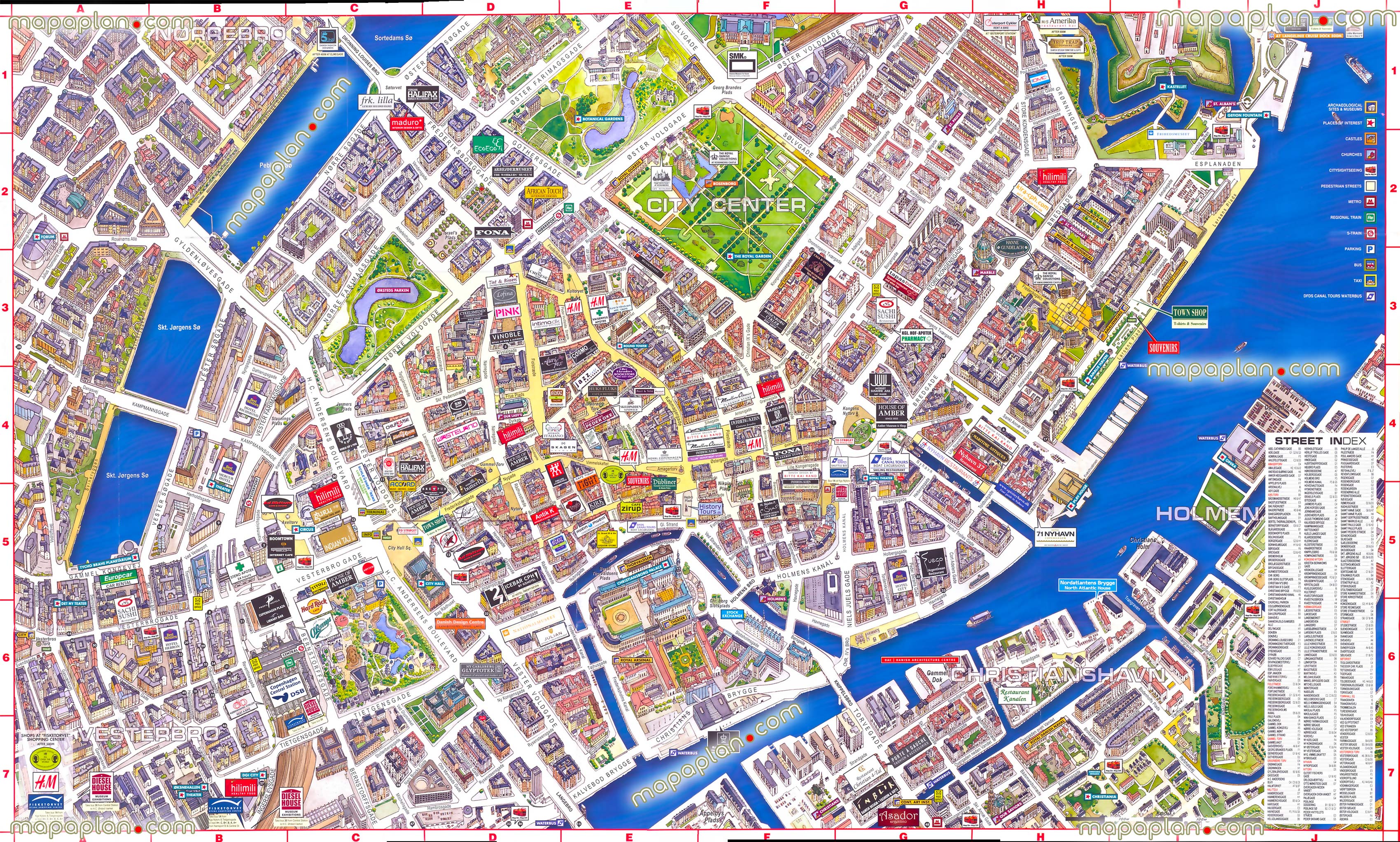 virtual interactive 3d Copenhagen denmark city center free printable visitors detailed guide download tourists aerial satellite poster view inner city old town buildings must see sights sightseeing places interest nyhavn tivoli gardenss Copenhagen Top tourist attractions map