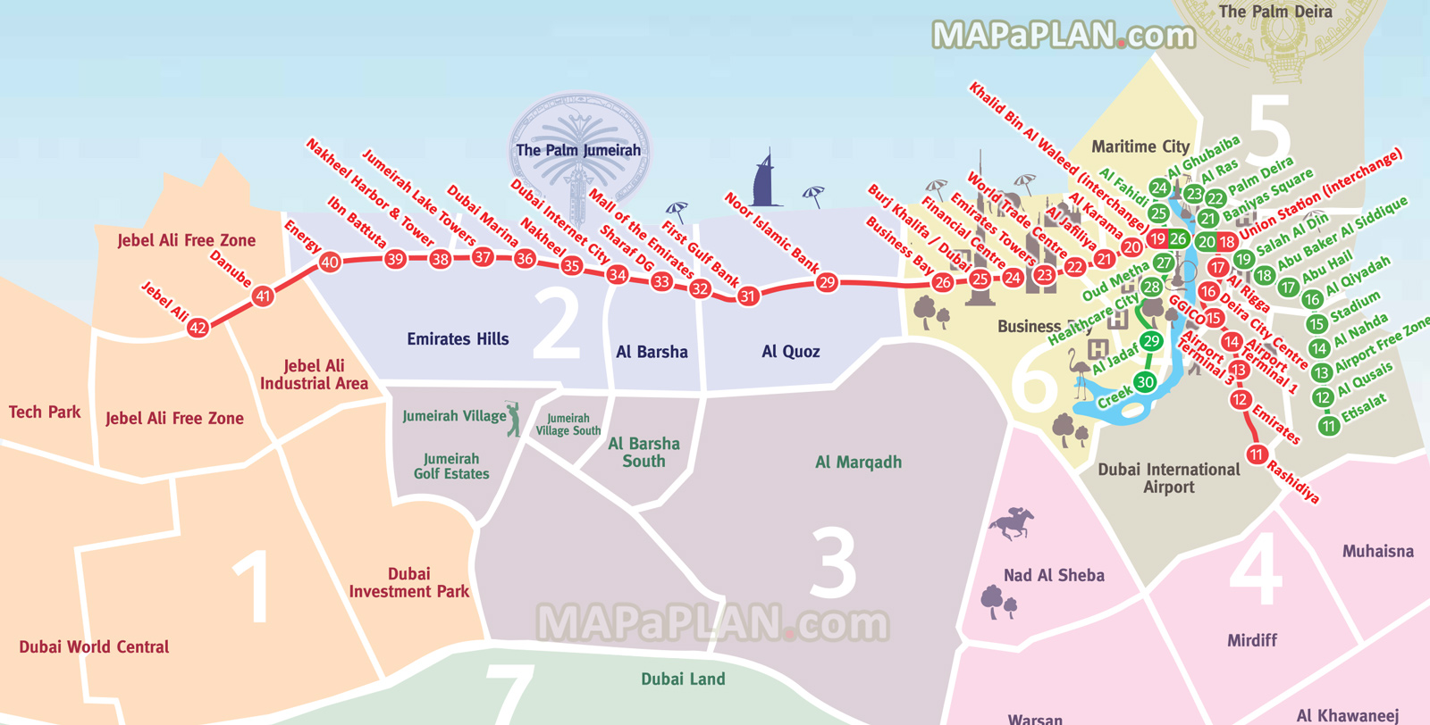 Dubai Map Metro Rta Plan With Red And Green Line Stations And Zones