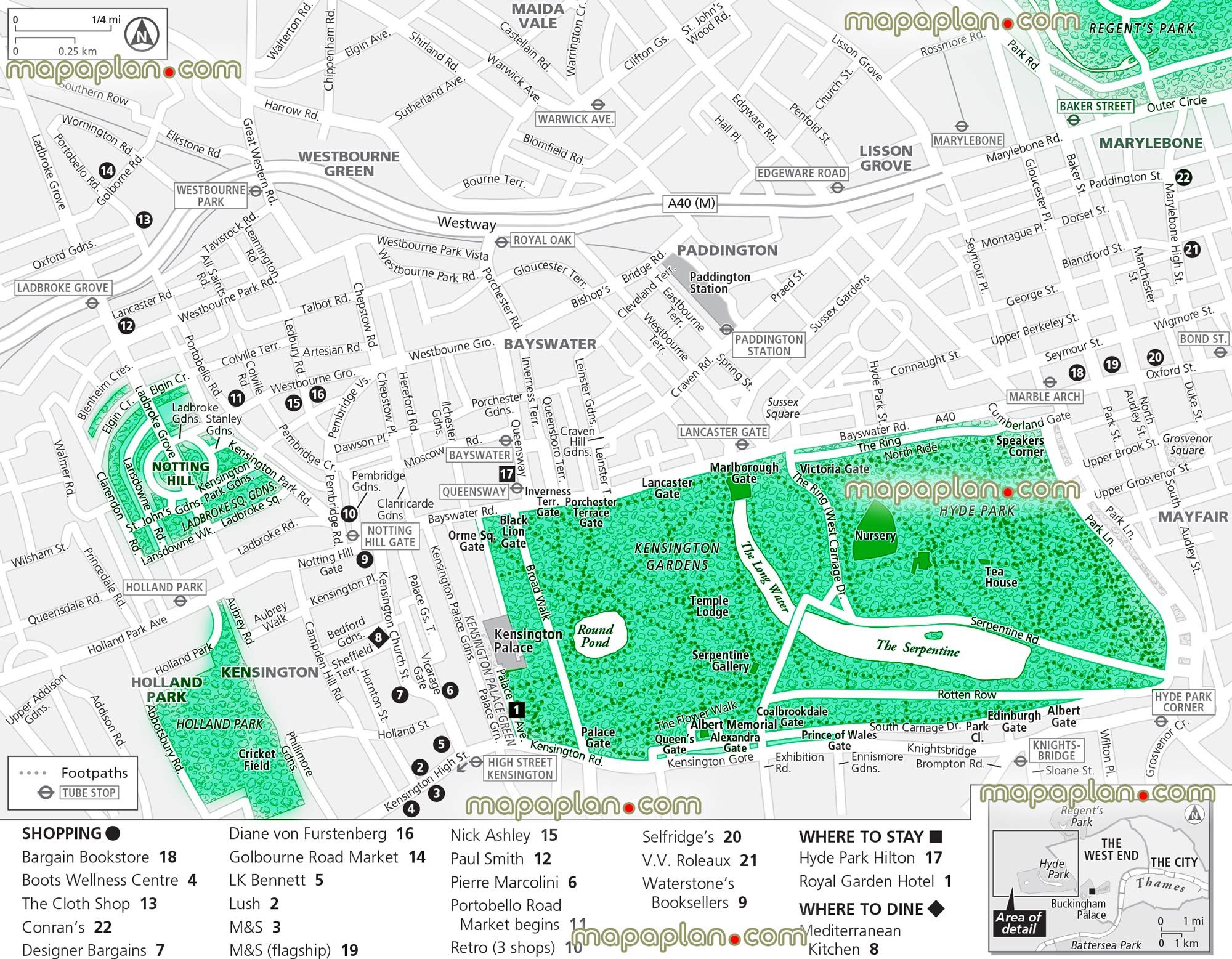 kensington notting hill marylebone shopping accommodation restaurantss London Top tourist attractions map