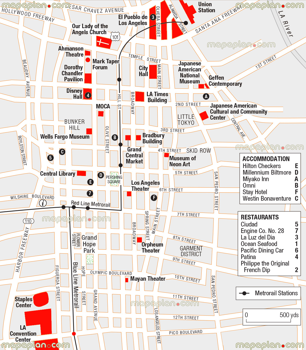 Los Angeles map - Downtown tourist guide showing local Metrorail