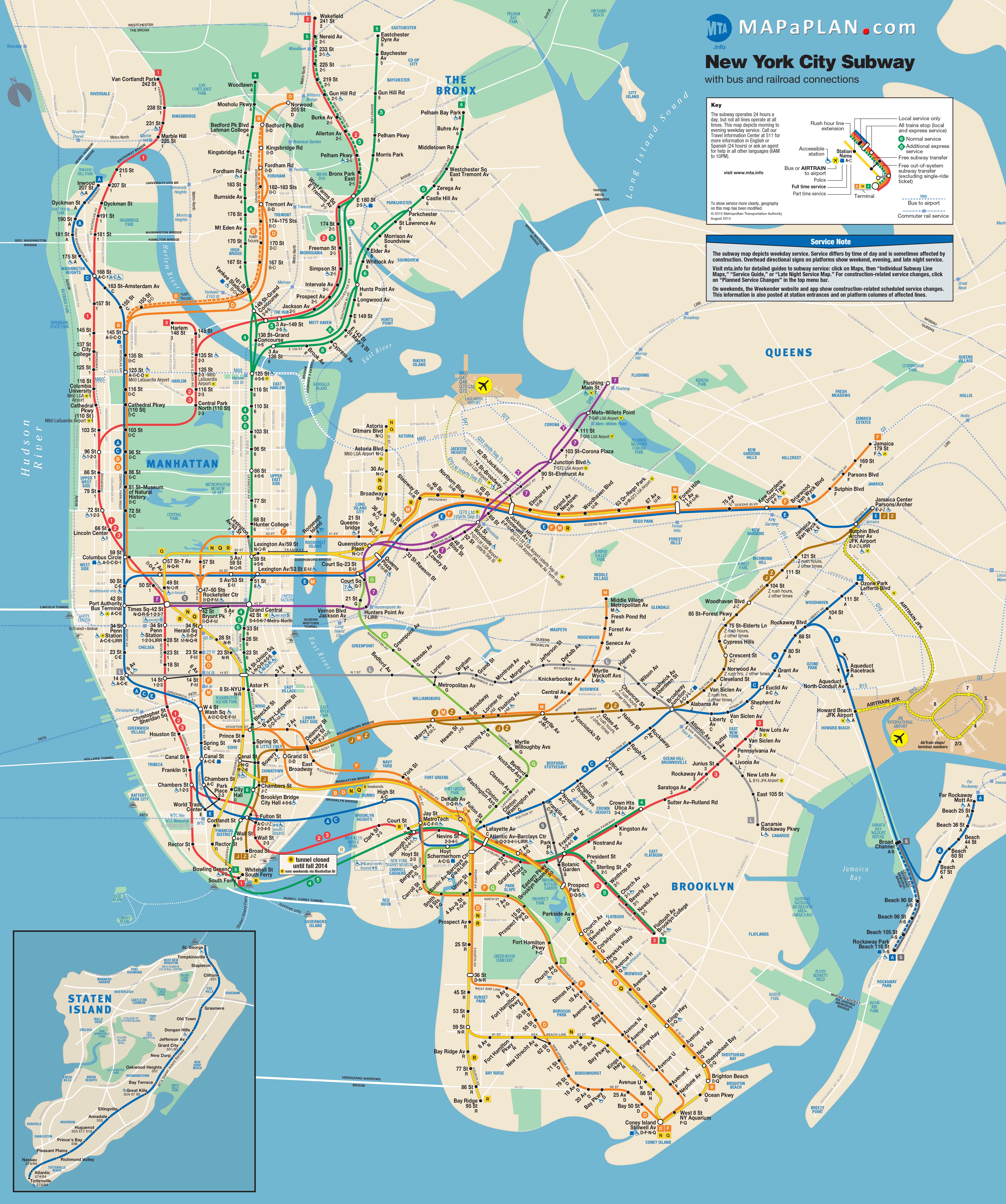 New York City subway (metro) map with bus and railroad connections