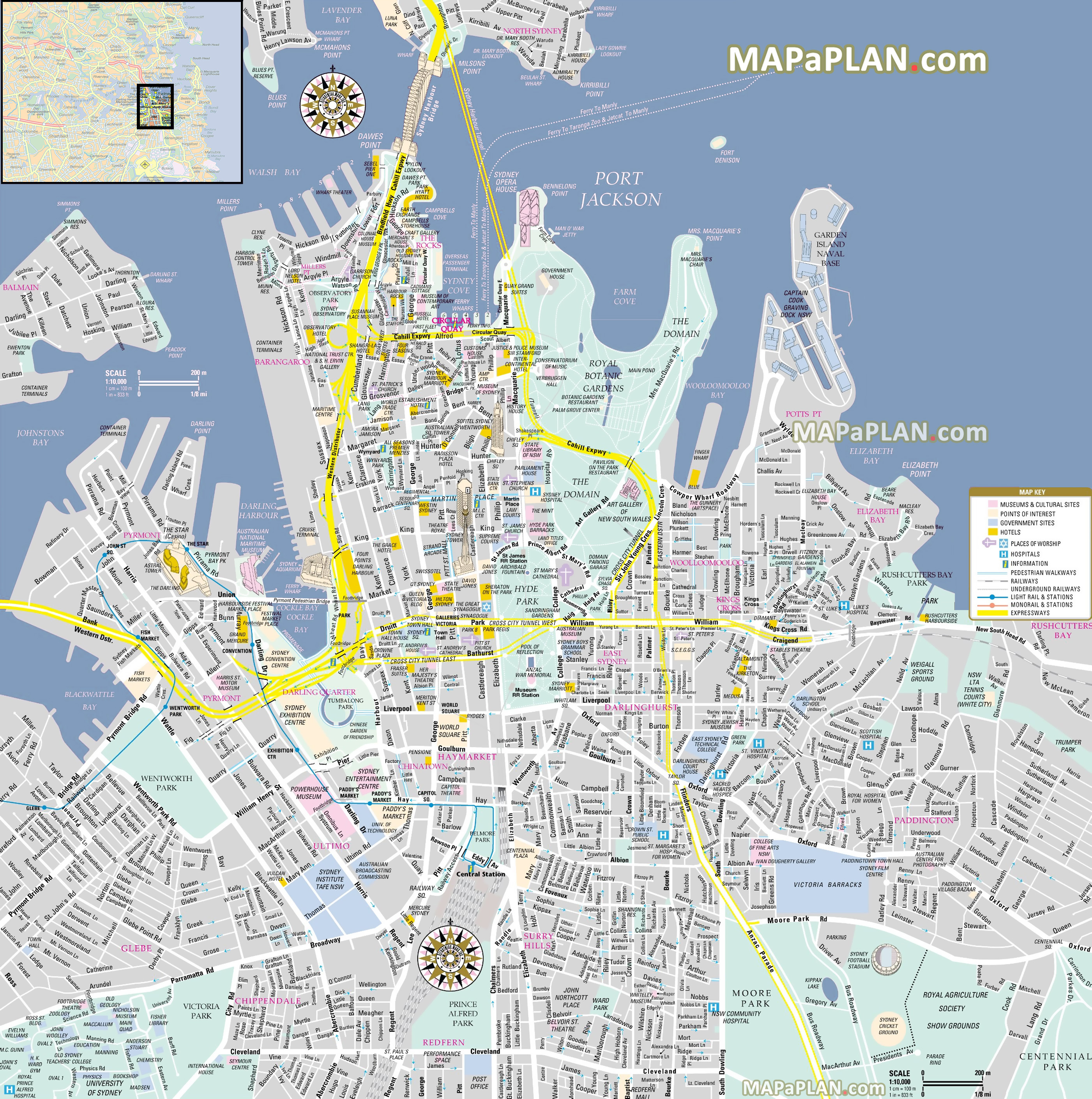 Sydney map - Inner city centre CBD detailed street travel guide with