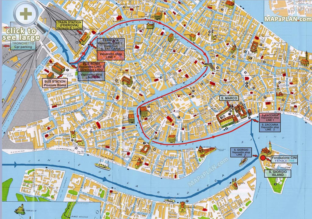 Train station Venezia Santa Lucia water buses with streets overlay Venice top tourist attractions map