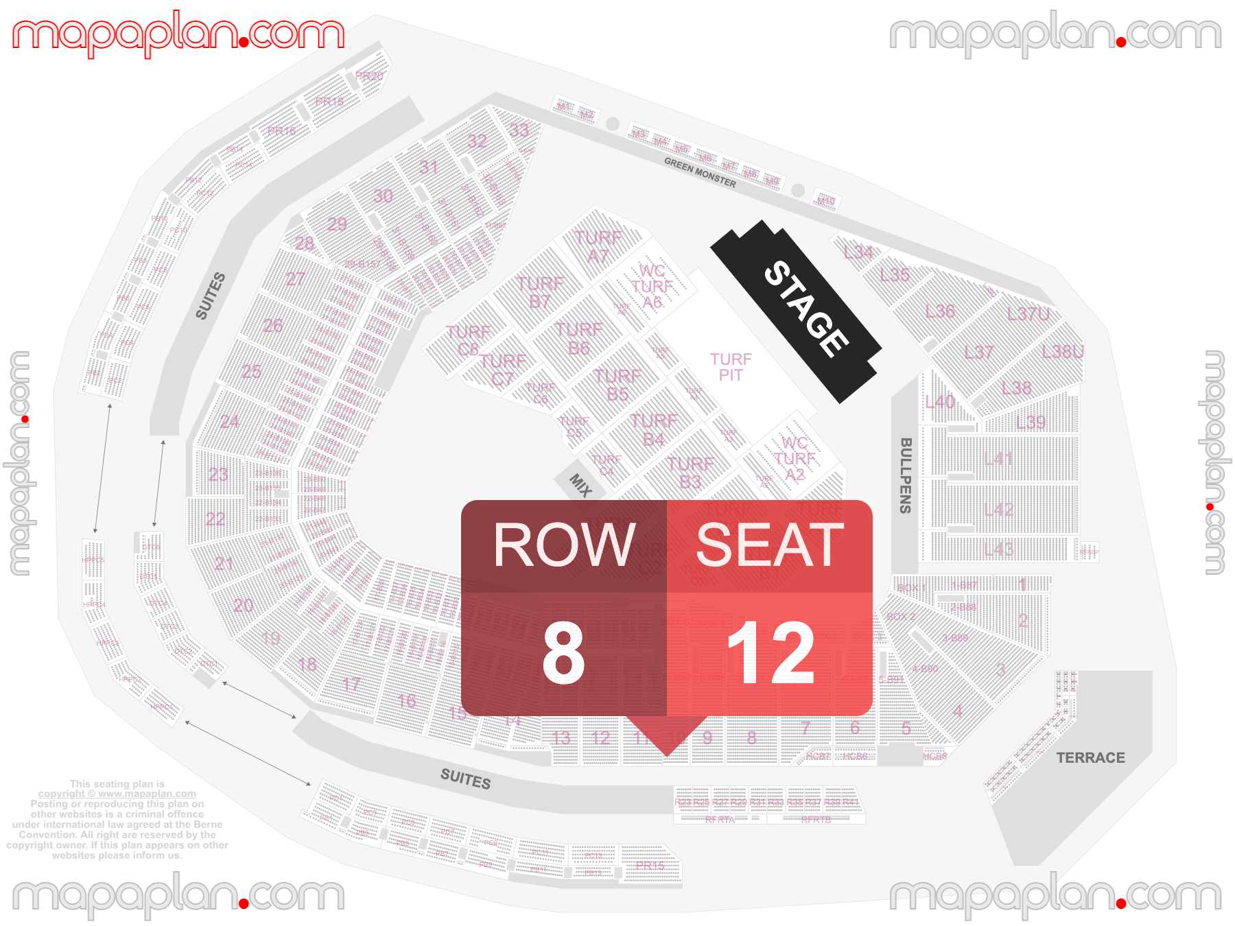 Boston Fenway Park seating chart Concert & Boston Red Sox Stadium Baseball detailed seat numbers and row numbering chart with interactive map plan layout
