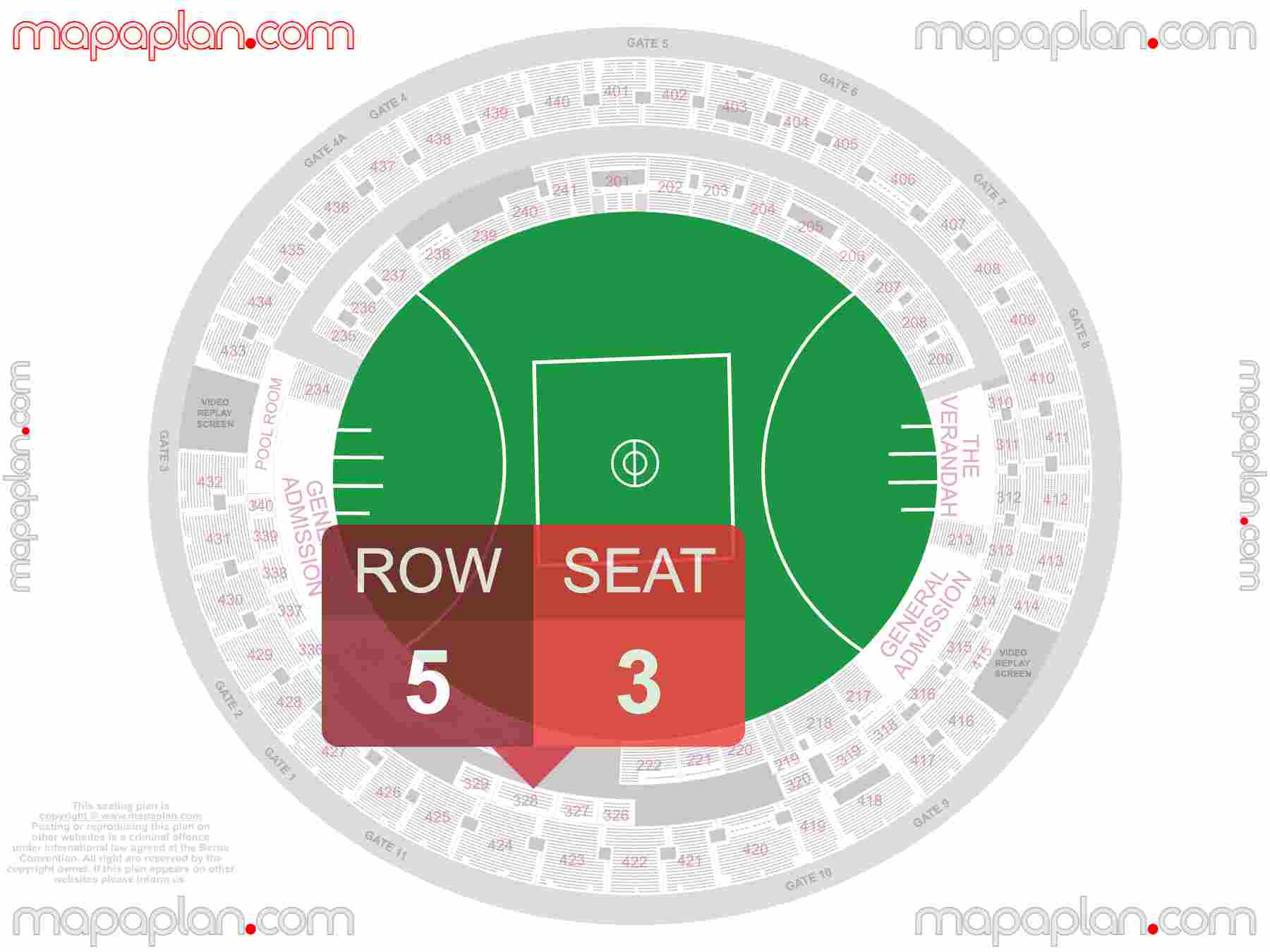 Brisbane Gabba Cricket Ground seating map Football, cricket, rugby, concert detailed seat numbers and row numbering map with interactive map plan layout