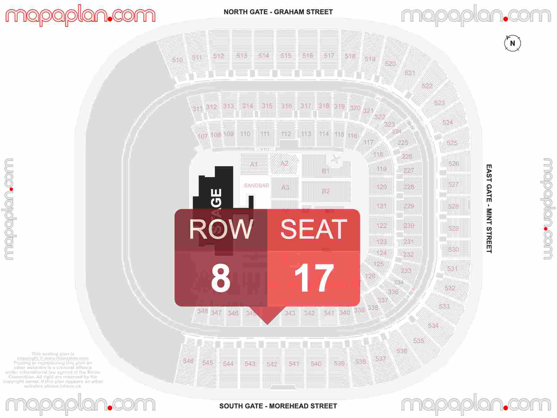 Charlotte Bank of America Stadium seating chart Concert with floor general admission PIT standing interactive seating checker map plan showing seat numbers per row - Ticket prices sections review diagram