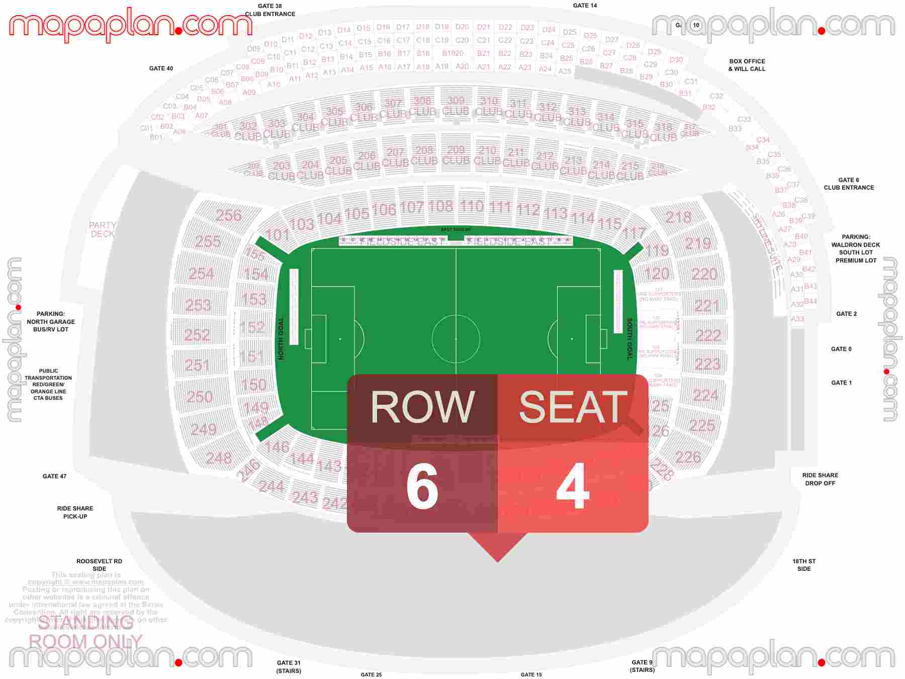Chicago Soldier Field seating chart Fire FC soccer find best seats row numbering system plan showing how many seats per row - Individual 'find my seat' virtual locator