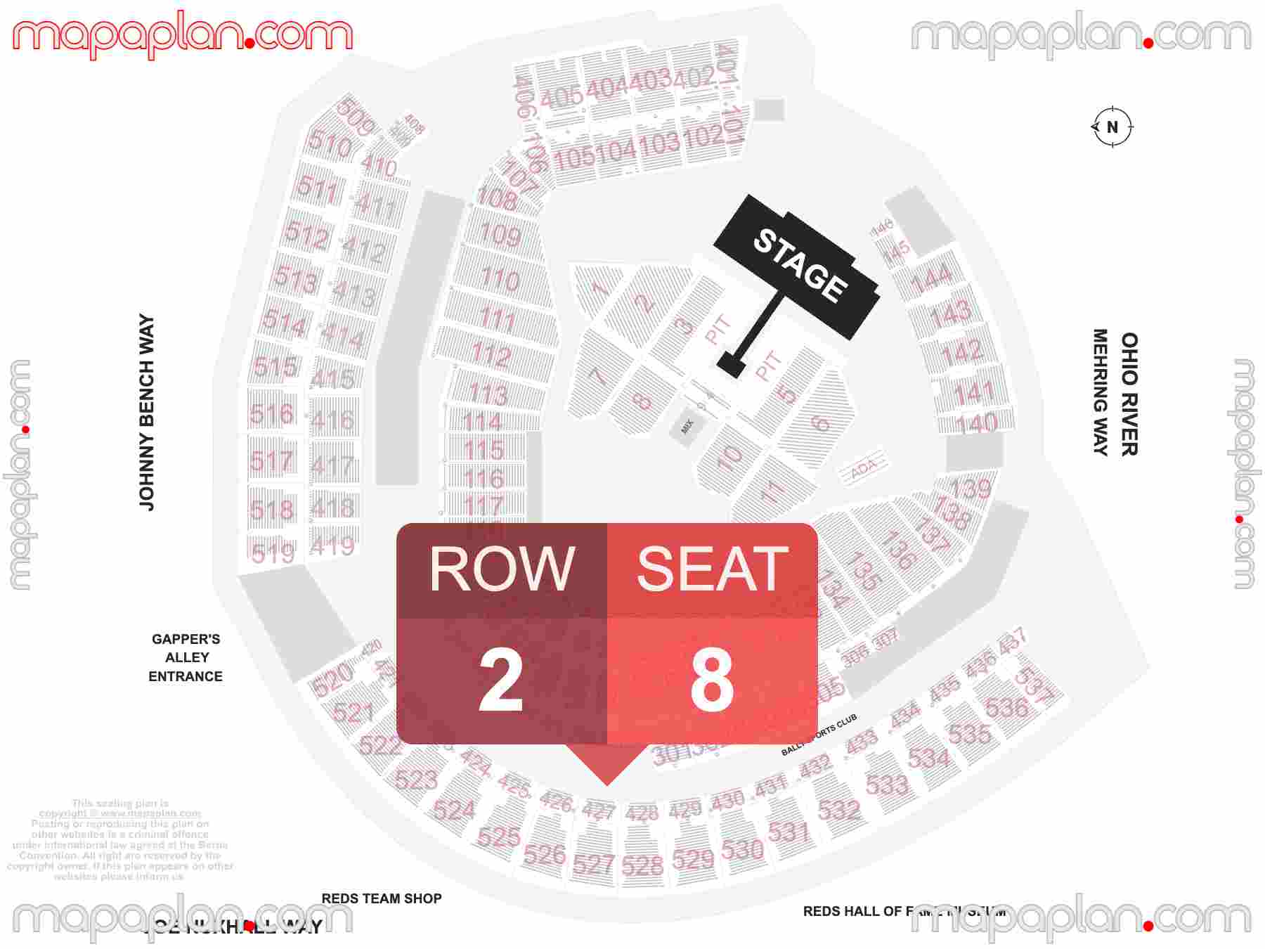 Cincinnati Great American Ball Park seating chart Concert & Reds Stadium Baseball detailed seat numbers and row numbering chart with interactive map plan layout