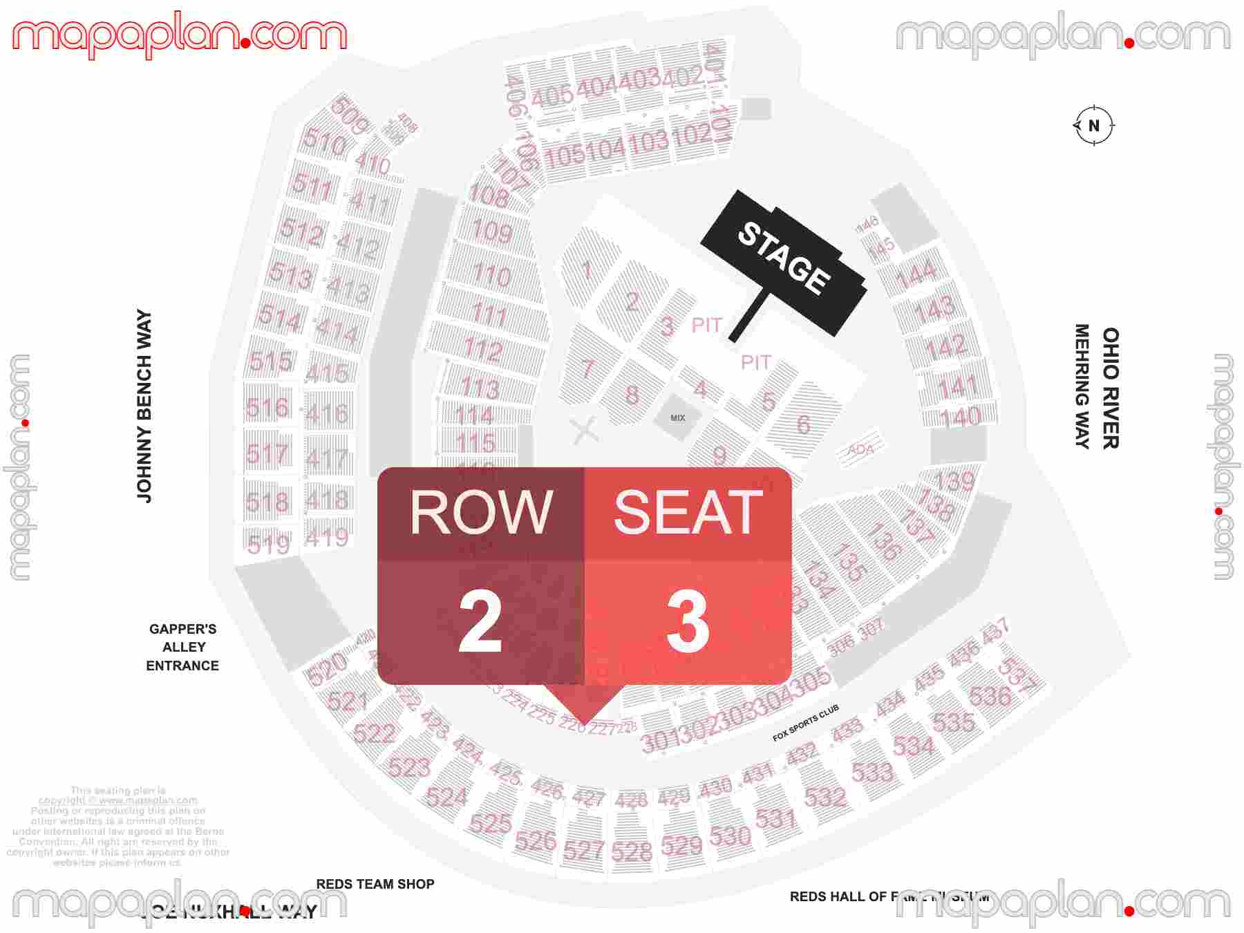 Cincinnati Great American Ball Park seating chart Concert with extended catwalk runway B-stage and floor PIT general admission standing room only inside capacity view arrangement plan - Interactive virtual 3d best seats & rows detailed stadium image configuration layout