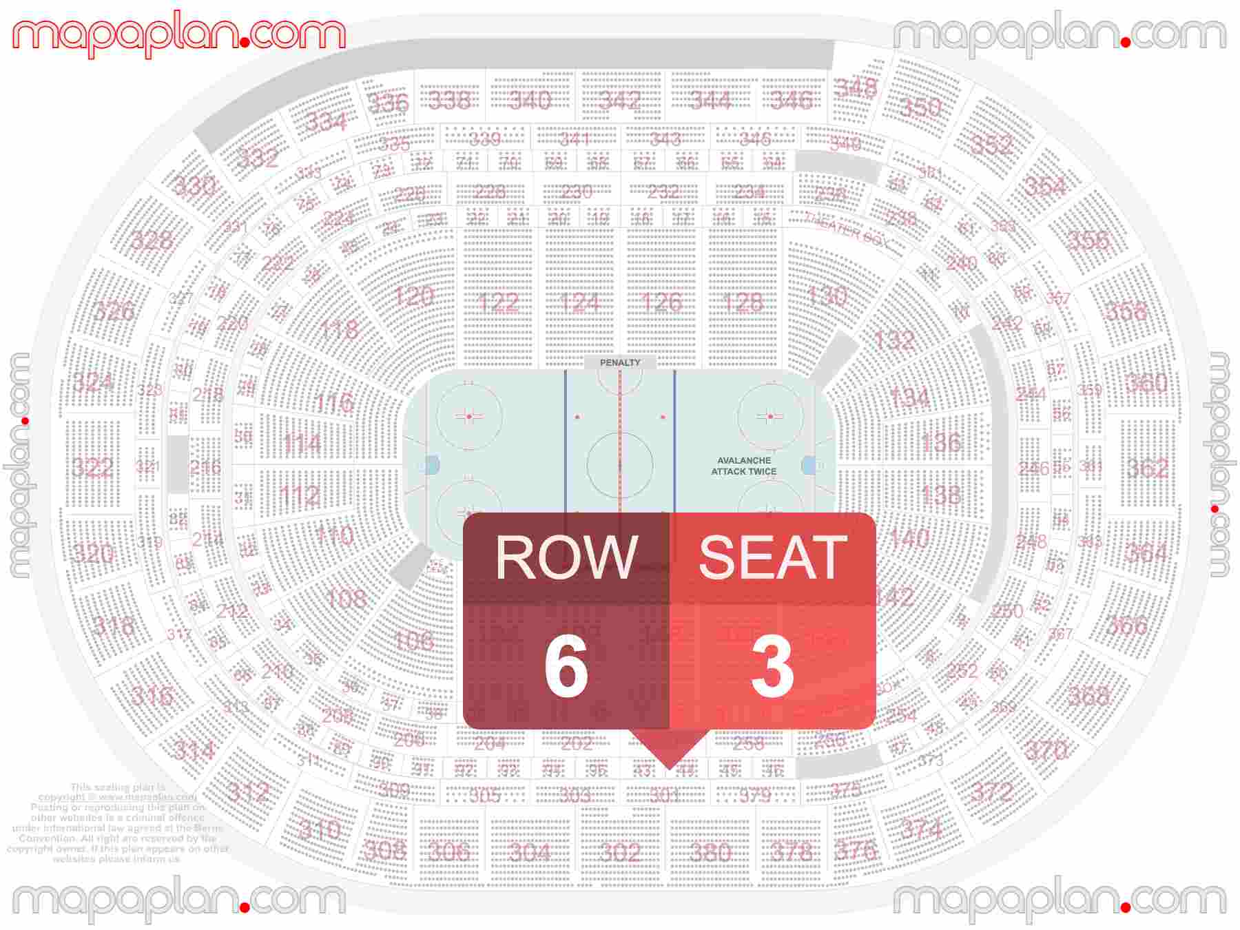Denver Ball Arena seating chart Colorado Avalanche NHL hockey find best seats row numbering system plan showing how many seats per row - Individual 'find my seat' virtual locator