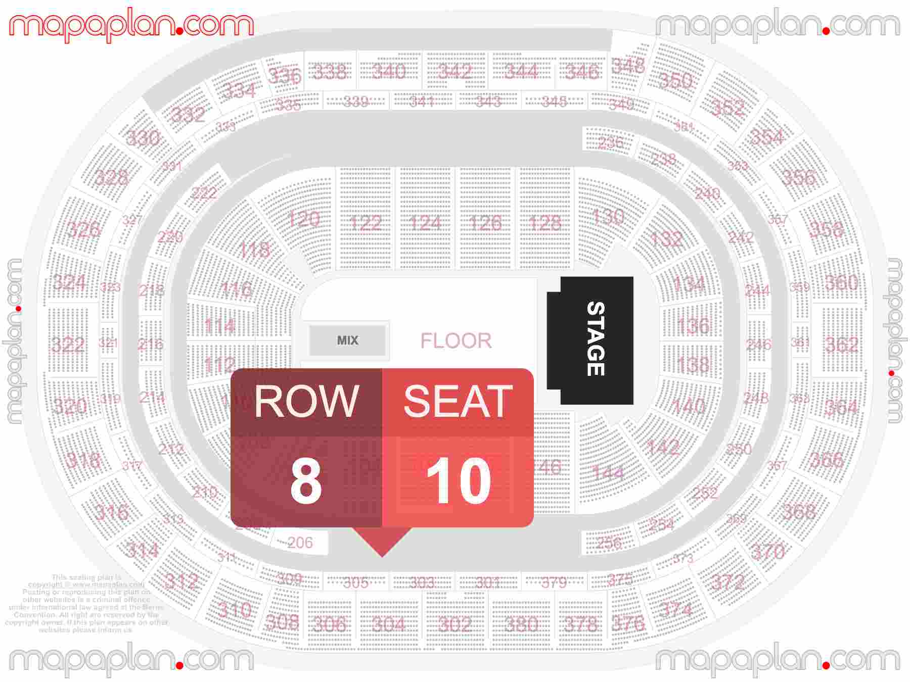 Denver Ball Arena seating chart Concert with floor general admission standing interactive seating checker map plan showing seat numbers per row - Ticket prices sections review diagram