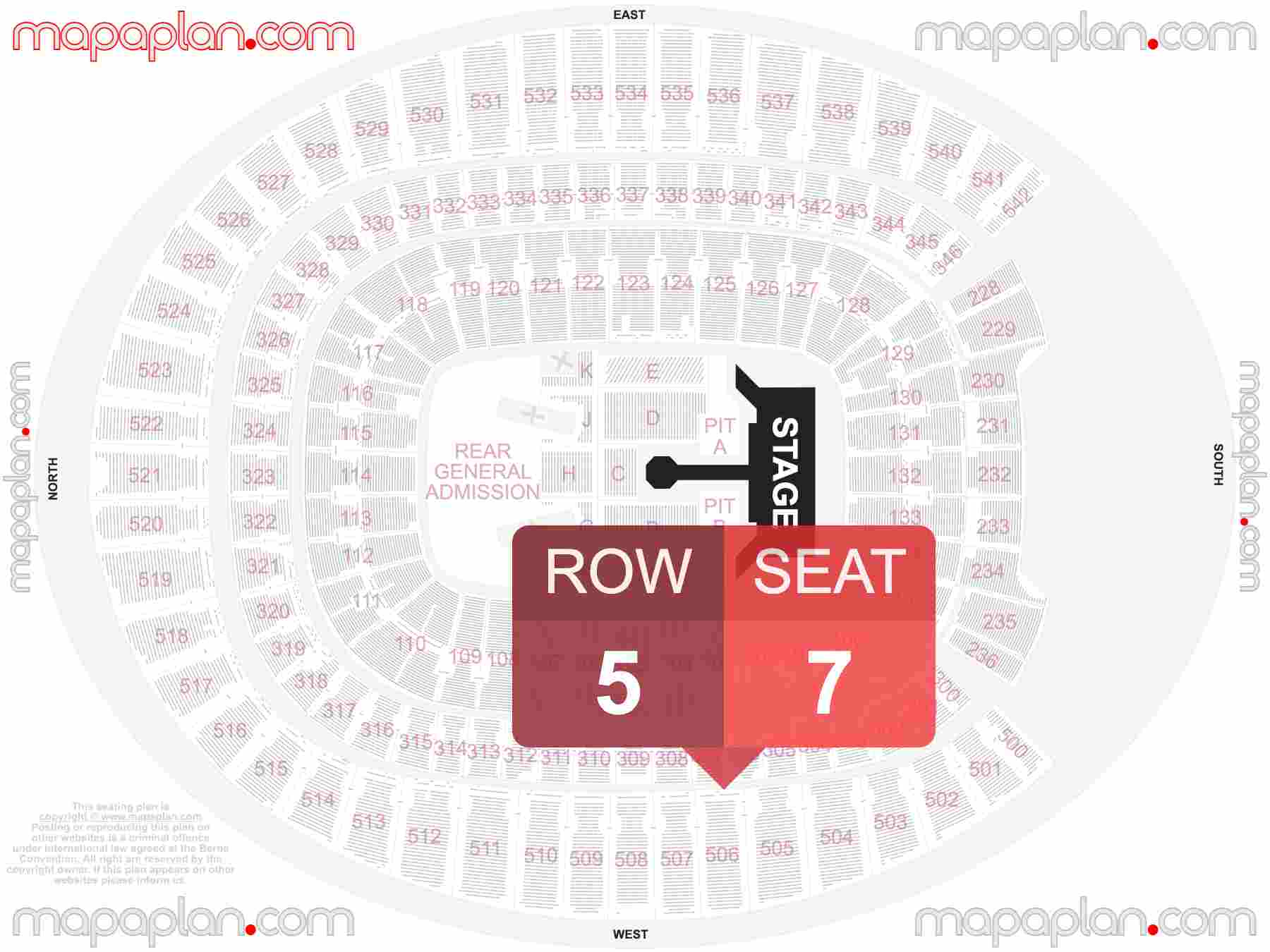Denver Empower Field at Mile High seating chart Concert with extended catwalk runway B-stage and PIT floor standing room only seating chart with exact section numbers showing best rows and seats selection 3d layout - Best interactive seat finder tool with precise detailed location data