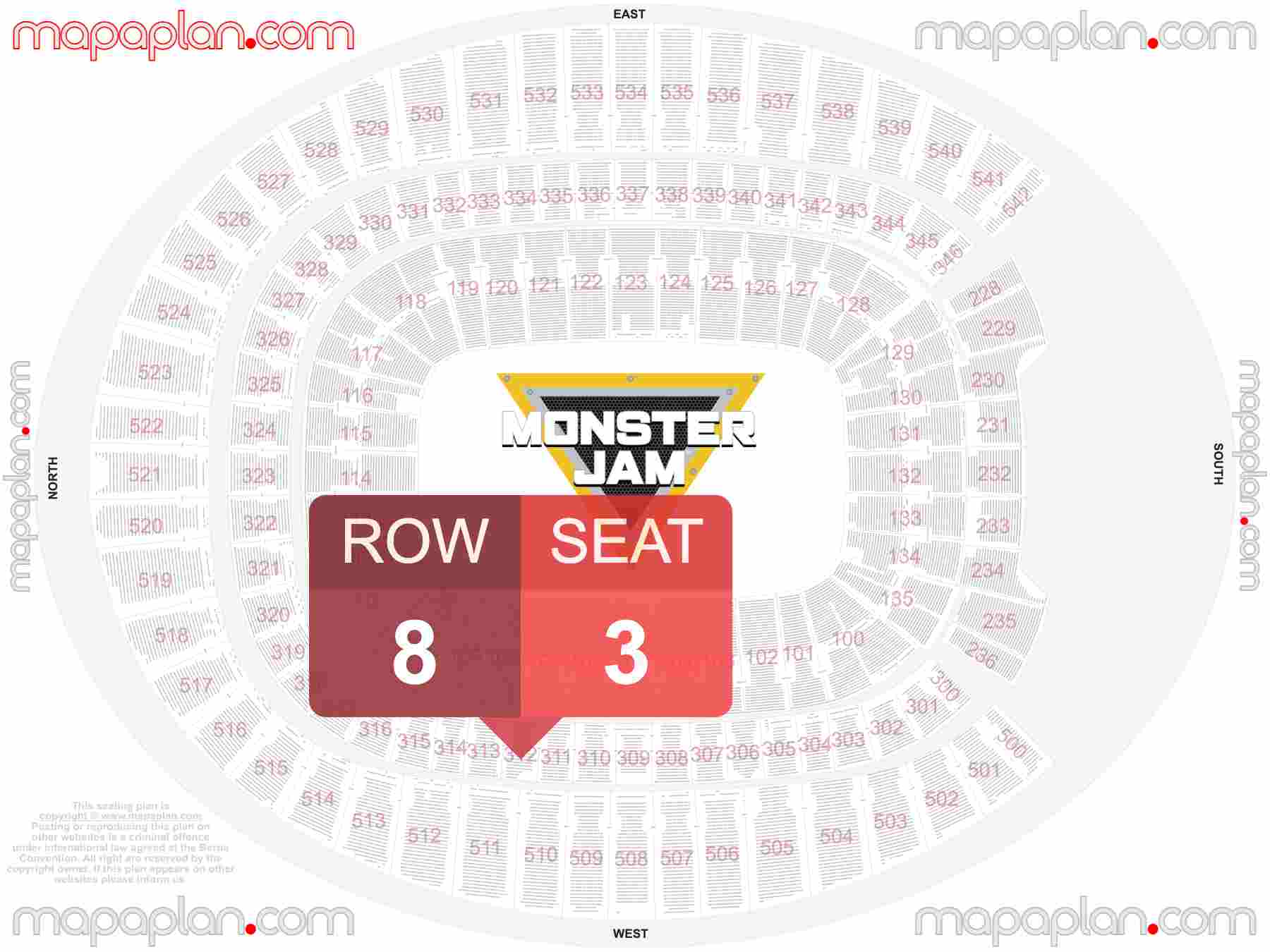 Denver Empower Field at Mile High seating chart Monster Jam trucks interactive seating checker map plan showing seat numbers per row - Ticket prices sections review diagram