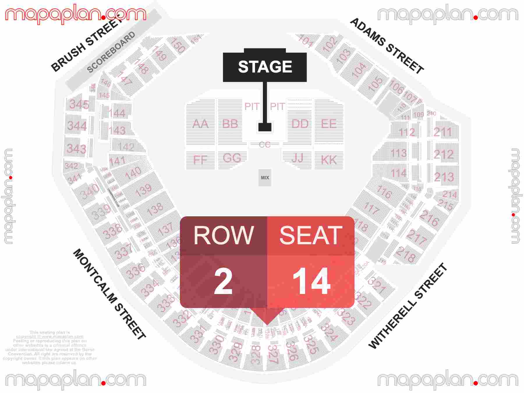 Detroit Comerica Park seating chart Concert & Tigers Stadium Baseball detailed seat numbers and row numbering chart with interactive map plan layout