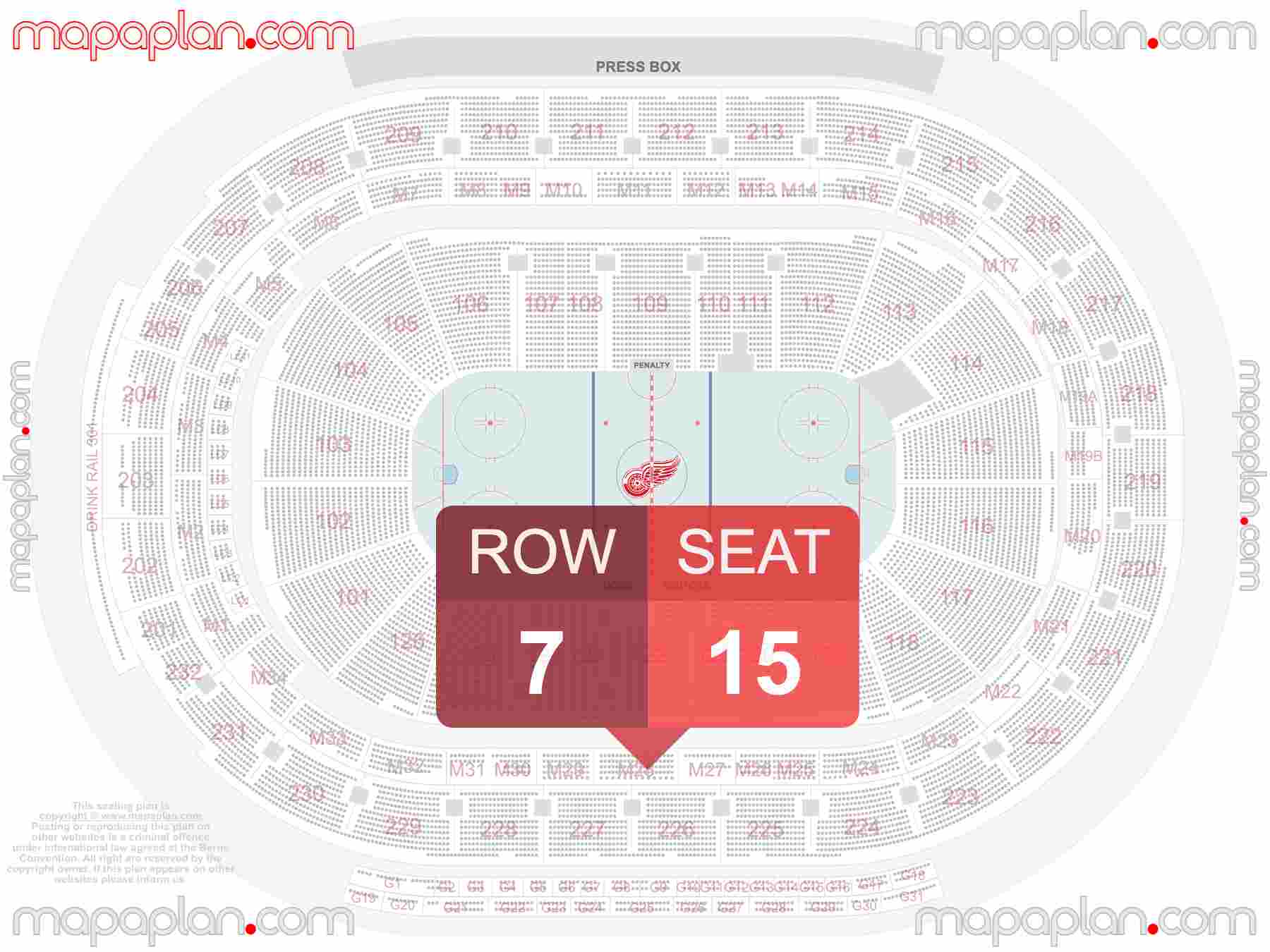 Detroit Little Caesars Arena seating chart Detroit Red Wings NHL hockey find best seats row numbering system plan showing how many seats per row - Individual 'find my seat' virtual locator