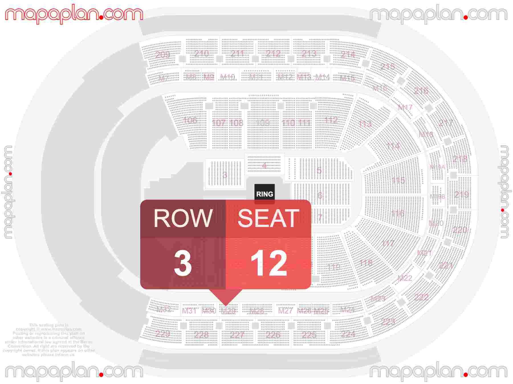 Detroit Little Caesars Arena seating chart WWE wrestling & boxing interactive seating checker map plan showing seat numbers per row - Ticket prices sections review diagram