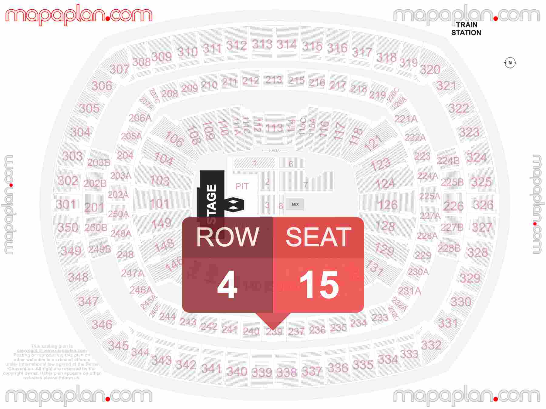 East Rutherford MetLife Stadium seating chart Concert with general admission PIT floor standing interactive seating checker map plan showing seat numbers per row - Ticket prices sections review diagram