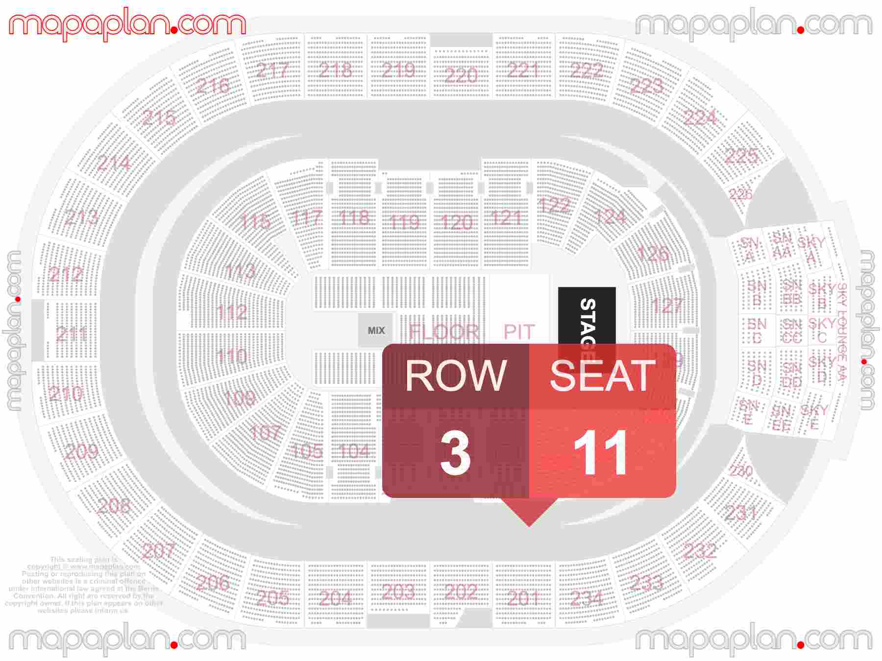 Edmonton Rogers Place seating map Concert with PIT floor standing interactive seating checker map chart showing seat numbers per row - Ticket prices sections review diagram