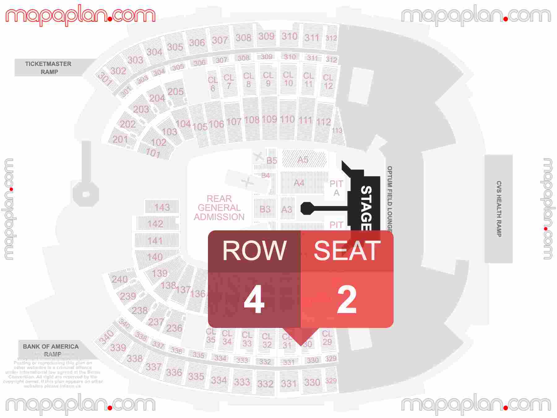 Foxborough Gillette Stadium seating chart Concert with extended catwalk runway B-stage and PIT floor general admission standing find best seats row numbering system plan showing how many seats per row - Individual 'find my seat' virtual locator