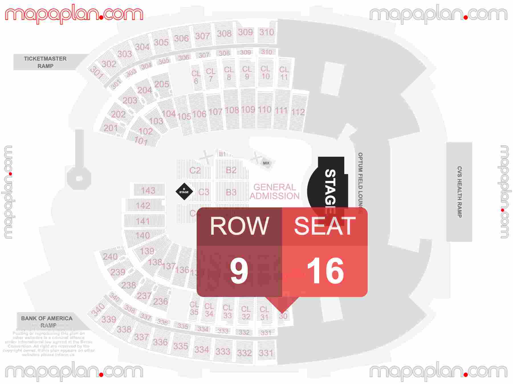 Foxborough Gillette Stadium seating chart Concert with floor general admission standing interactive seating checker map plan showing seat numbers per row - Ticket prices sections review diagram