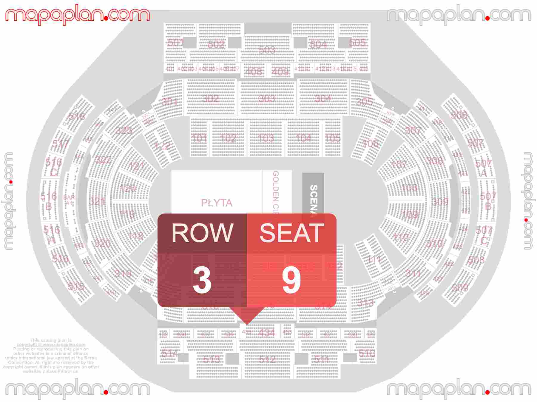 Mapa plan miejsc siedzących  Gdańsk-Sopot Ergo Arena seating plan with seat & row numbers Numeracja oraz plan miejsc i rzędów widowni na koncert - Układ sektorów areny - Dokładny interaktywny rozkład trybun stadionu