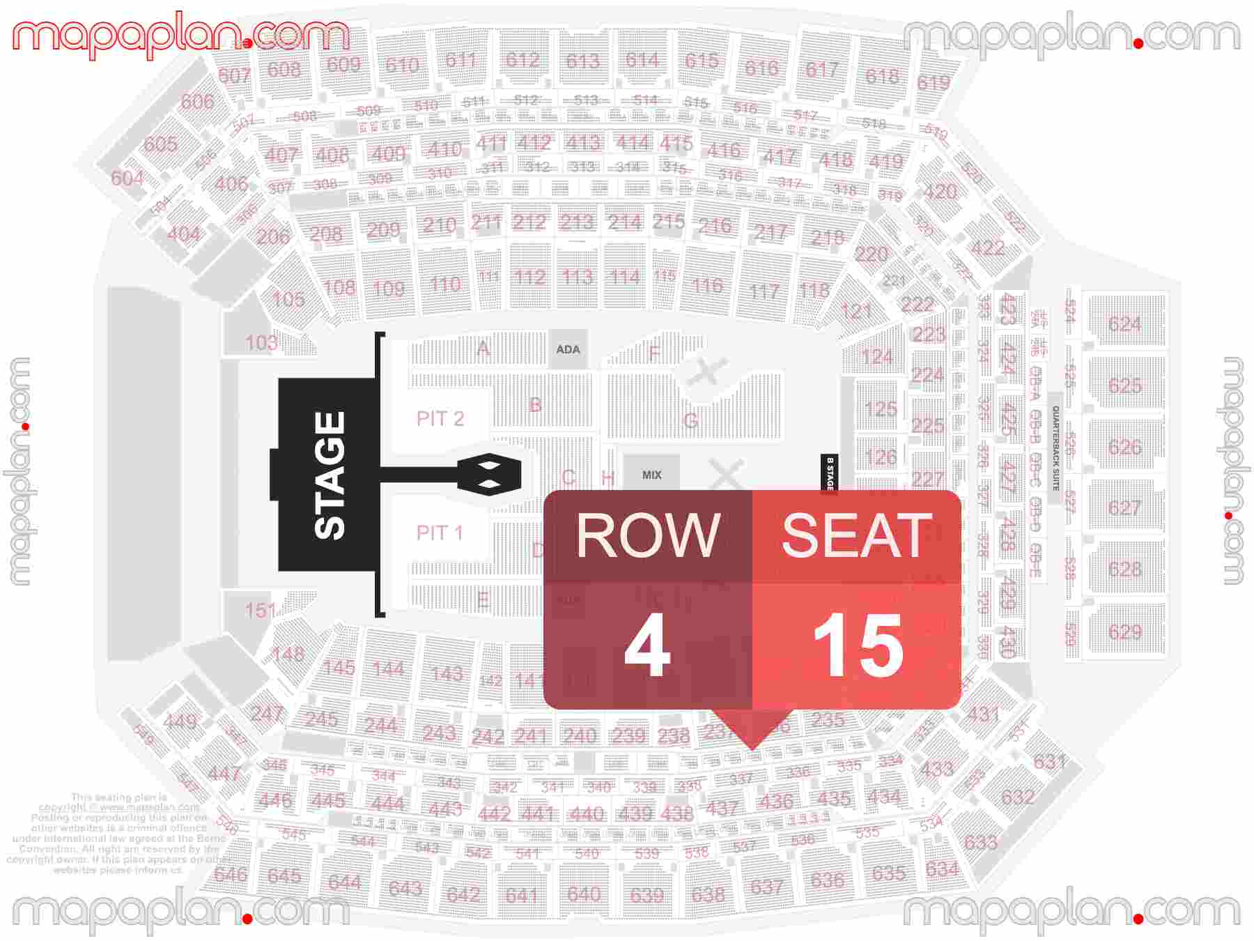 Indianapolis Lucas Oil Stadium seating chart Concert with general admission PIT floor standing seating chart with exact section numbers showing best rows and seats selection 3d layout - Best interactive seat finder tool with precise detailed location data