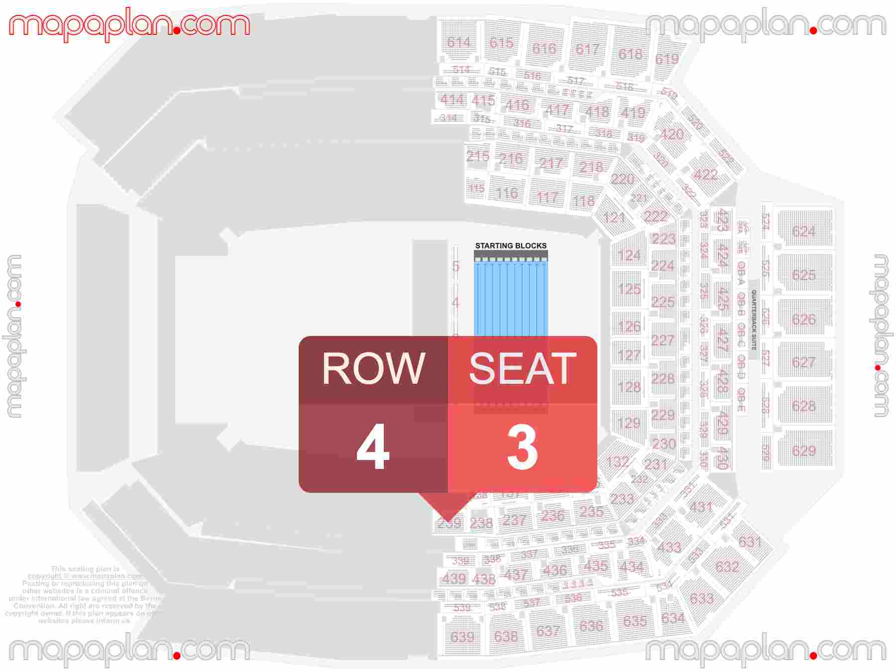 Indianapolis Lucas Oil Stadium seating chart Swimming pool interactive seating checker map plan showing seat numbers per row - Ticket prices sections review diagram