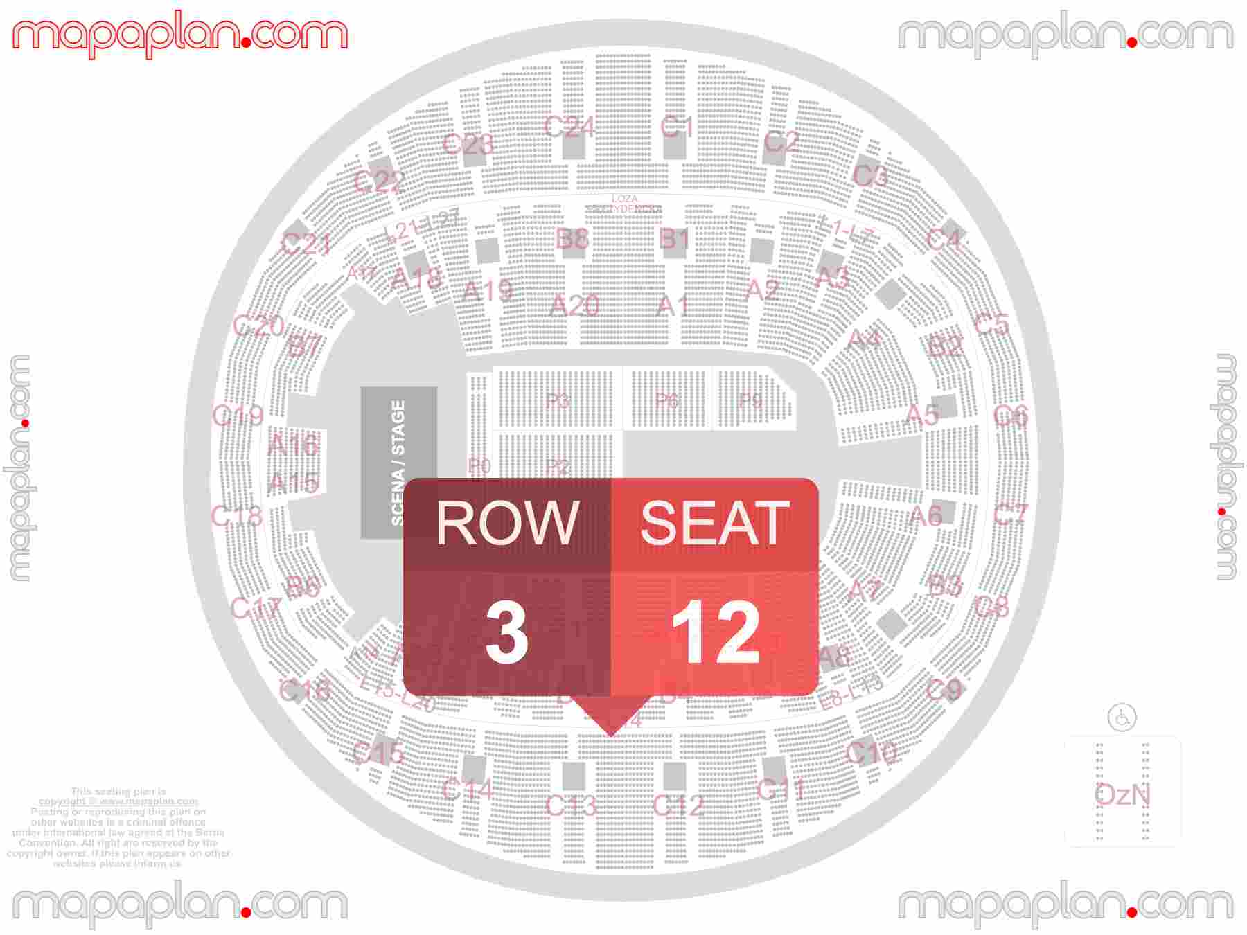 Mapa plan miejsc siedzących  Kraków Tauron Arena seating plan with seat & row numbers Numeracja oraz plan miejsc i rzędów widowni na koncert - Układ sektorów areny - Dokładny interaktywny rozkład trybun stadionu