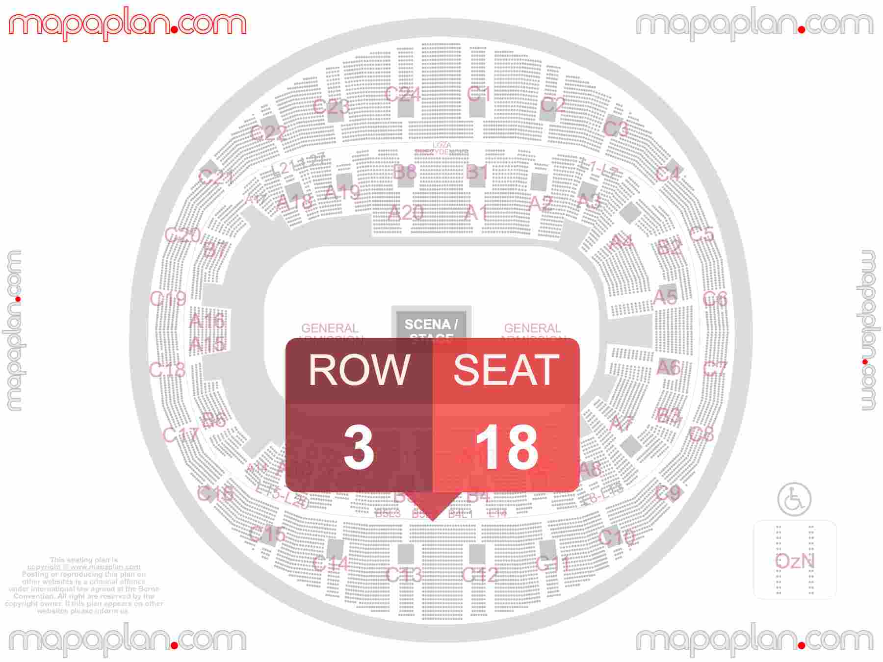 Mapa plan miejsc siedzących  Kraków Tauron Arena seating plan with seat & row numbers Najlepsze miejsca rzędy sektory trybuny dolne & górne - Widok sceny obiektu