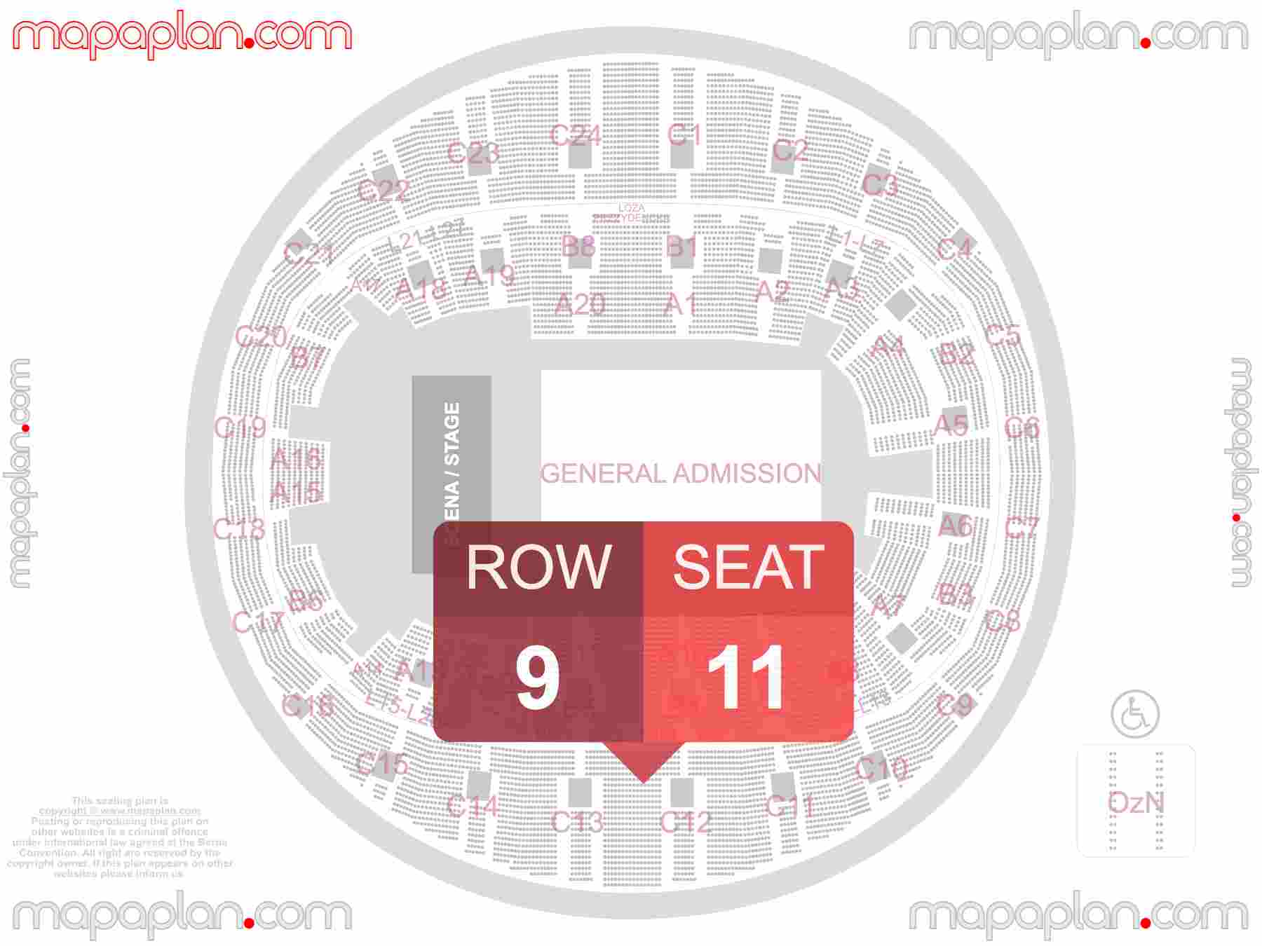 Mapa plan miejsc siedzących  Kraków Tauron Arena seating plan with seat & row numbers Płyta areny miejsca stojące - Numeracja oraz plan miejsc i rzędów widowni na koncert - Układ sektorów areny - Dokładny interaktywny rozkład trybun hali stadionu