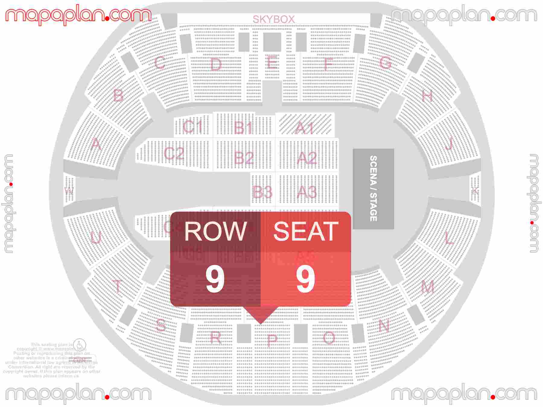 Mapa plan miejsc siedzących  Łódź Atlas Arena seating plan with seat & row numbers Numeracja oraz plan miejsc i rzędów widowni na koncert - Układ sektorów areny - Dokładny interaktywny rozkład trybun stadionu
