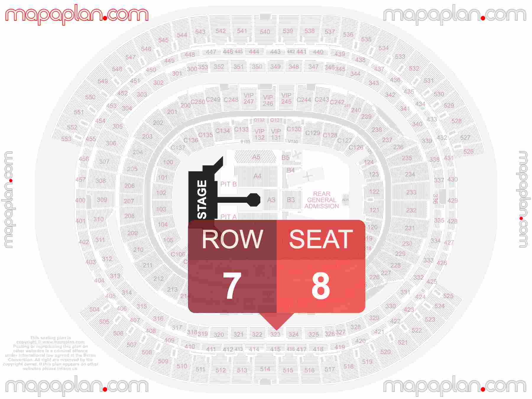 Los Angeles SoFi Stadium seating chart Catwalk extended runway concert B-stage find best seats row numbering system plan showing how many seats per row - Individual 'find my seat' virtual locator