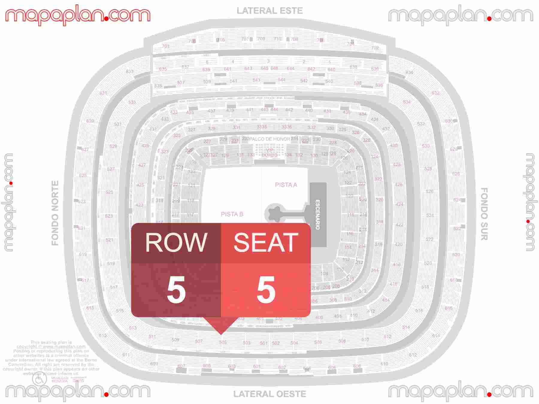 Madrid Santiago Bernabeu Estadio Stadium seating map Concerts (Conciertos mapa de asientos con numeros de asiento y fila) seating map with exact section numbers showing best rows and seats selection 3d layout - Best interactive seat finder tool with precise detailed location data