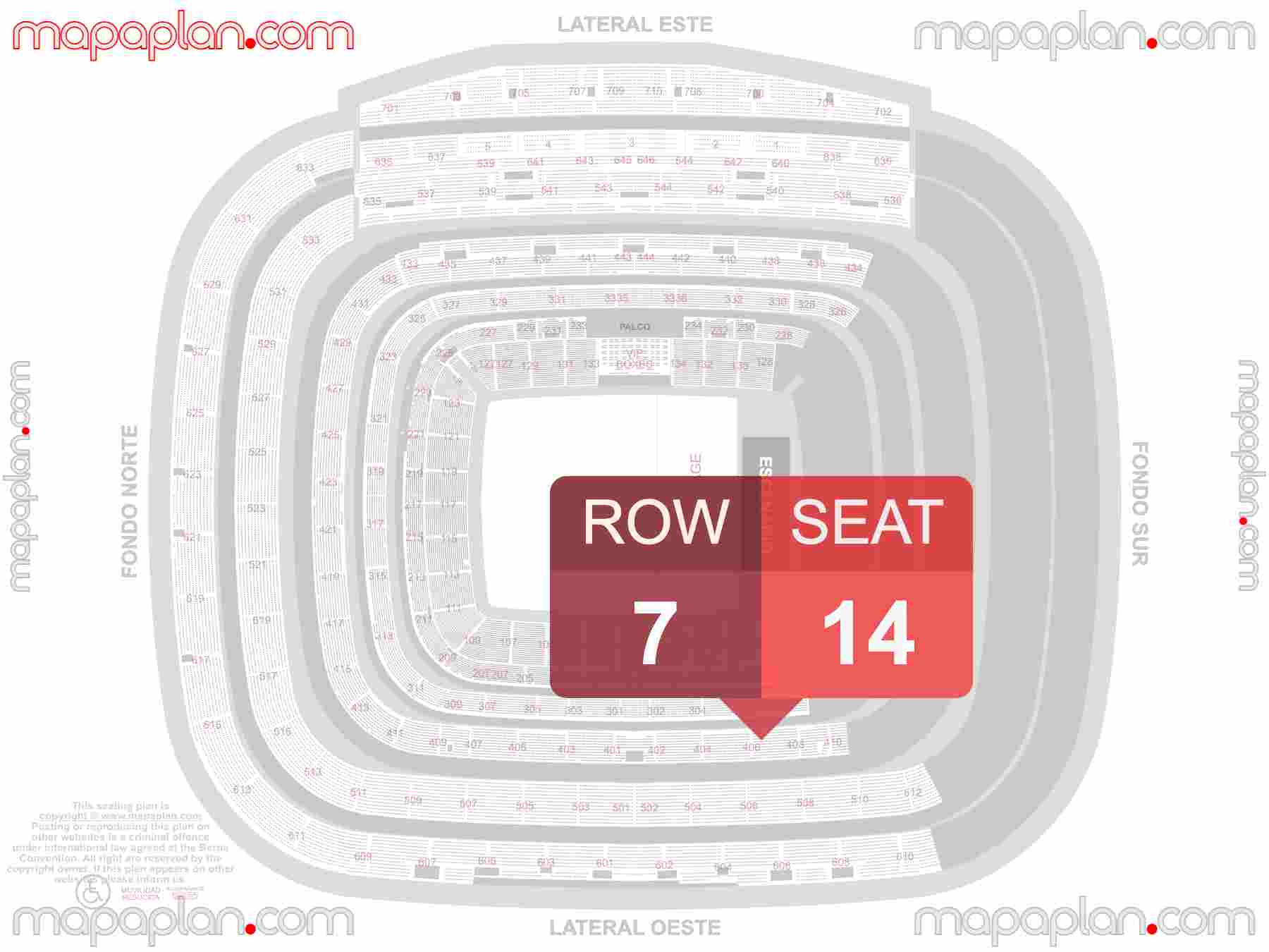 Madrid Santiago Bernabeu Estadio Stadium seating map Concerts (Conciertos plano de asientos con numeros de asiento y fila) find best seats row numbering system plan showing how many seats per row - Individual 'find my seat' virtual locator