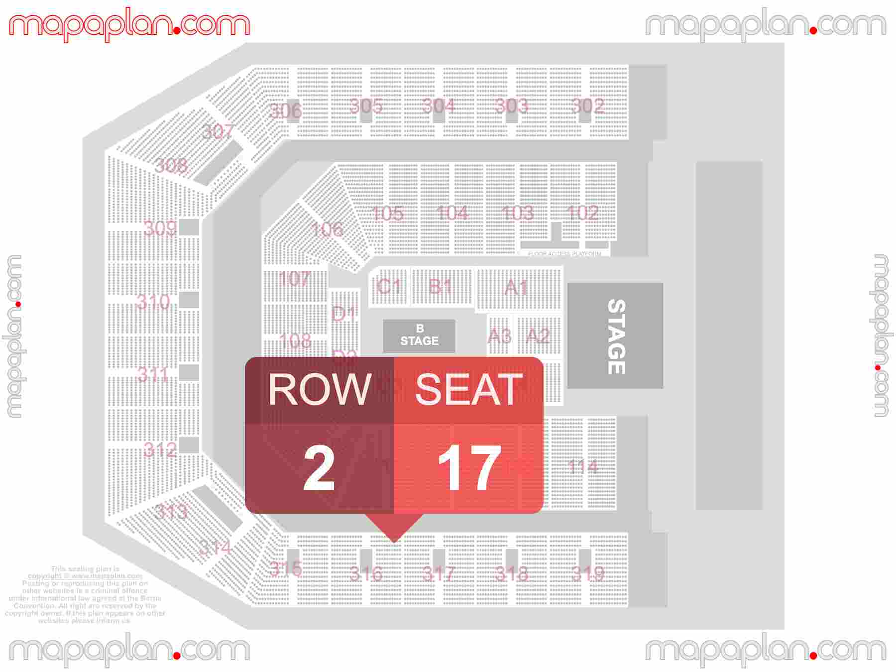 Manchester Co-op Live seating plan Concert with B-stage find best seats row numbering system chart showing how many seats per row - Individual 'find my seat' virtual locator