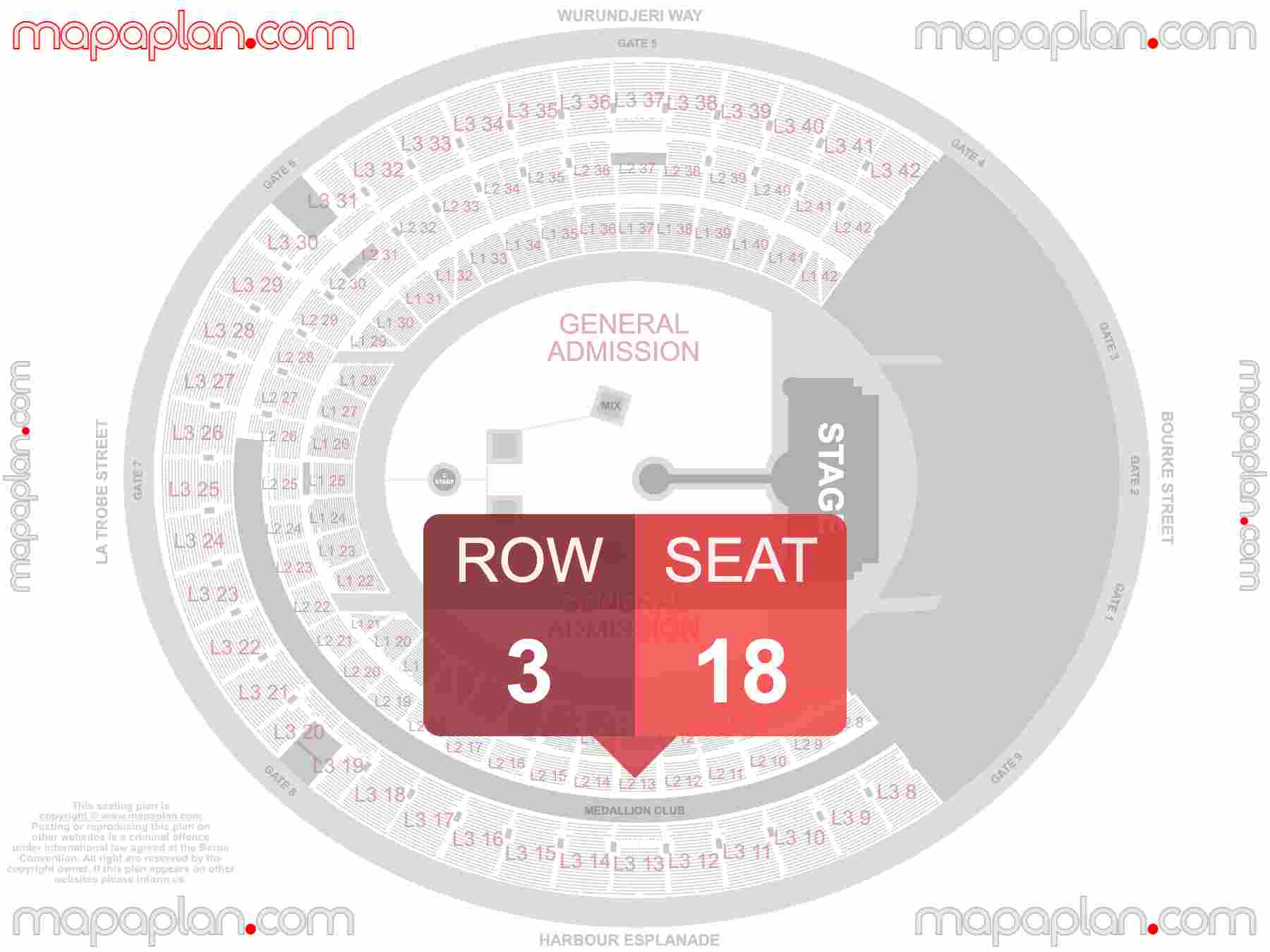 Melbourne Marvel Stadium seating map Concert with catwalk extended runway concert B-stage find best seats row numbering system plan showing how many seats per row - Individual 'find my seat' virtual locator