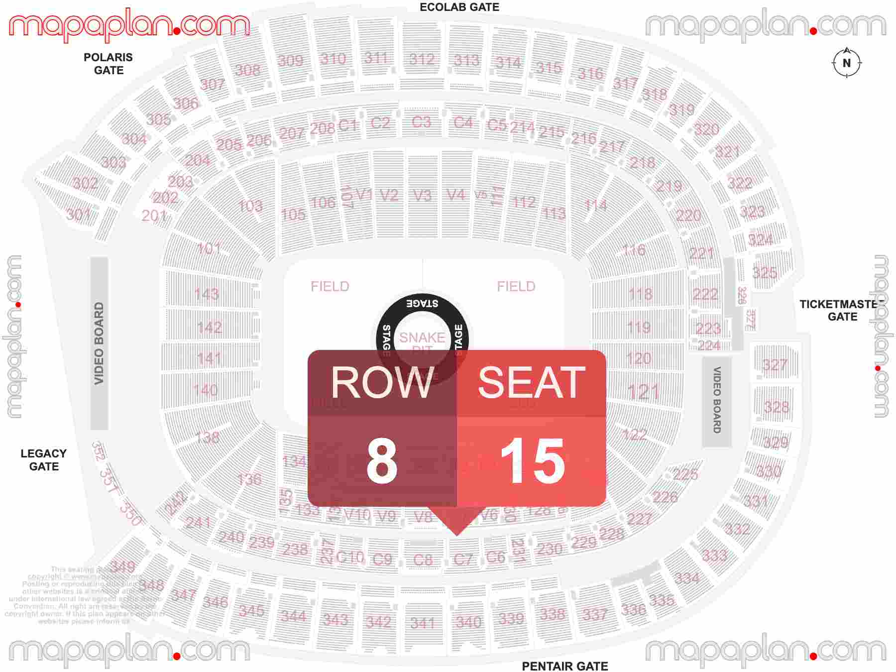 Minneapolis U.S. Bank Stadium seating chart Concert with 360 stage floor general admission standing seating chart with exact section numbers showing best rows and seats selection 3d layout - Best interactive seat finder tool with precise detailed location data