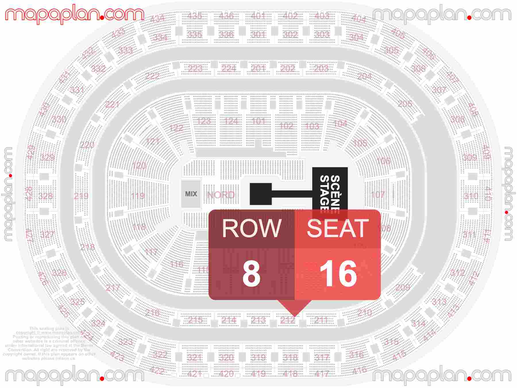 Montreal Bell Centre seating map Concert with extended catwalk runway B-stage seating map with exact section numbers showing best rows and seats selection 3d layout - Best interactive seat finder tool with precise detailed location data